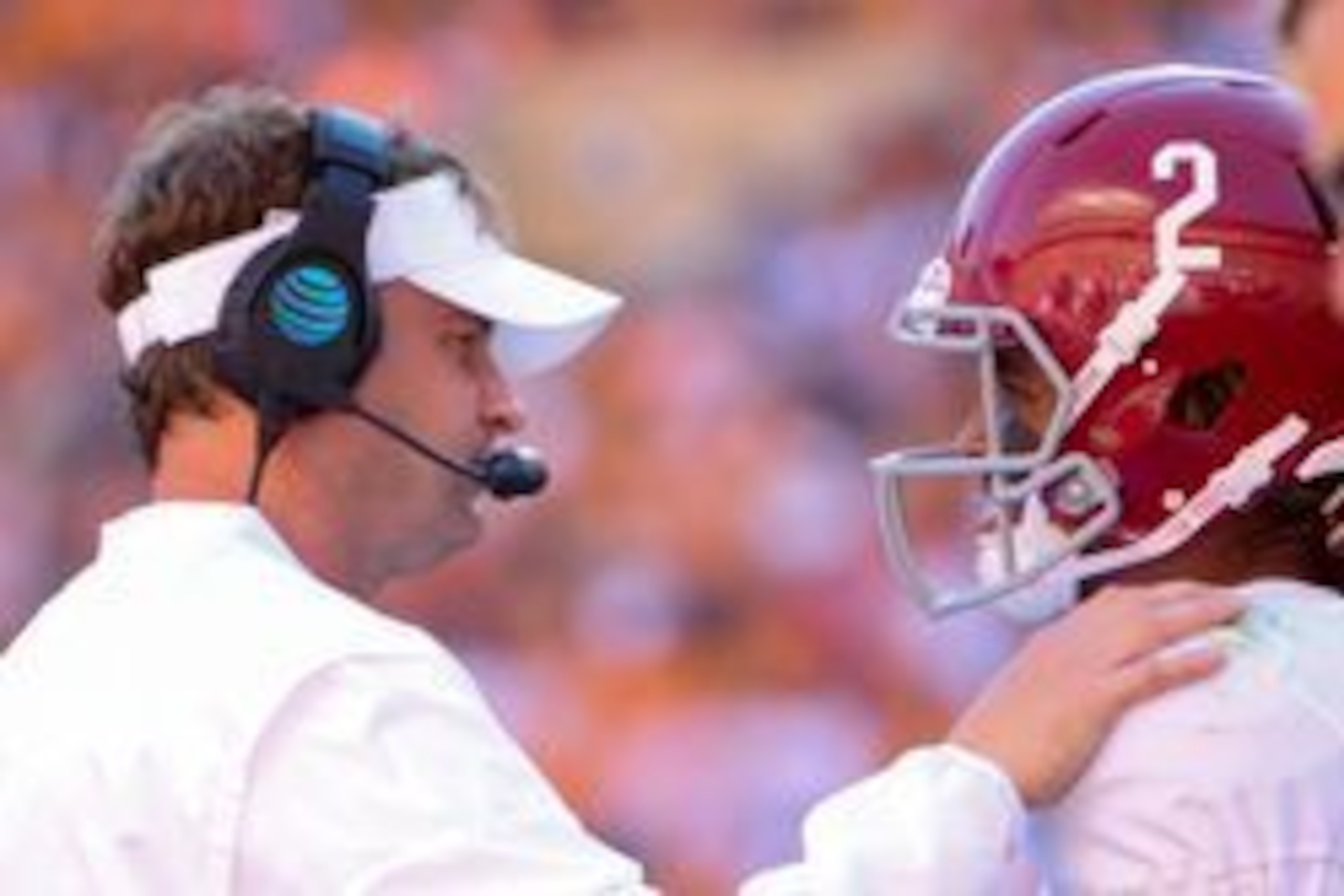 Oct 15, 2016; Knoxville, TN, USA; Alabama Crimson Tide offensive coordinator Lane Kiffin talks to quarterback Jalen Hurts (2) during the first half against the Tennessee Volunteers at Neyland Stadium. Mandatory Credit: Randy Sartin-USA TODAY Sports