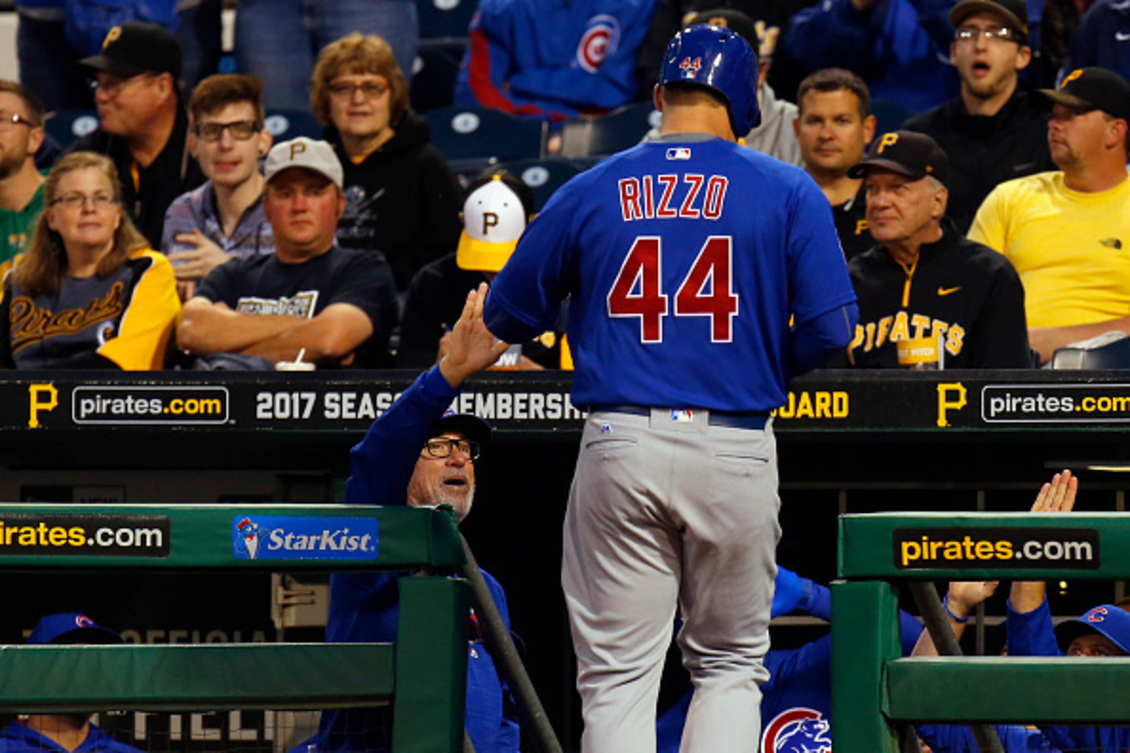 PITTSBURGH, PA - SEPTEMBER 28:  Joe Maddon #70 of the Chicago Cubs celebrates with Anthony Rizzo #44 after hitting a solo home run in the first inning during the game against the Pittsburgh Pirates  at PNC Park on September 28, 2016 in Pittsburgh, Pennsyl