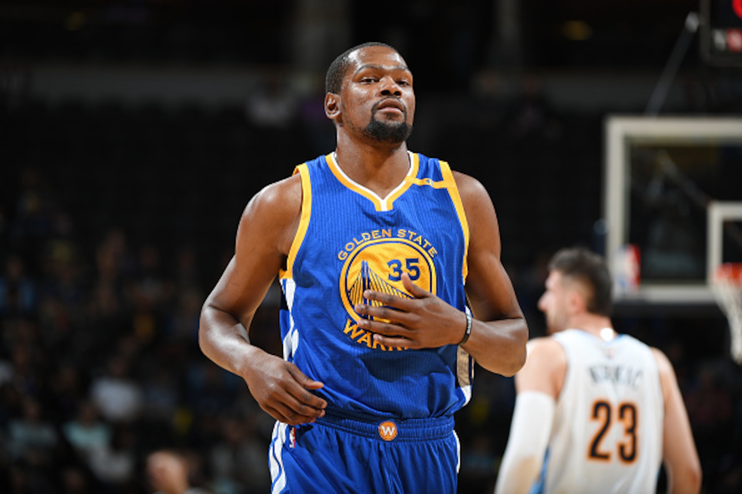 DENVER, CO - OCTOBER 14:  Kevin Durant #35 of the Golden State Warriors is seen during the game against the Denver Nuggets on October 14, 2016 at Pepsi Center in Denver, Colorado. NOTE TO USER: User expressly acknowledges and agrees that, by downloading a
