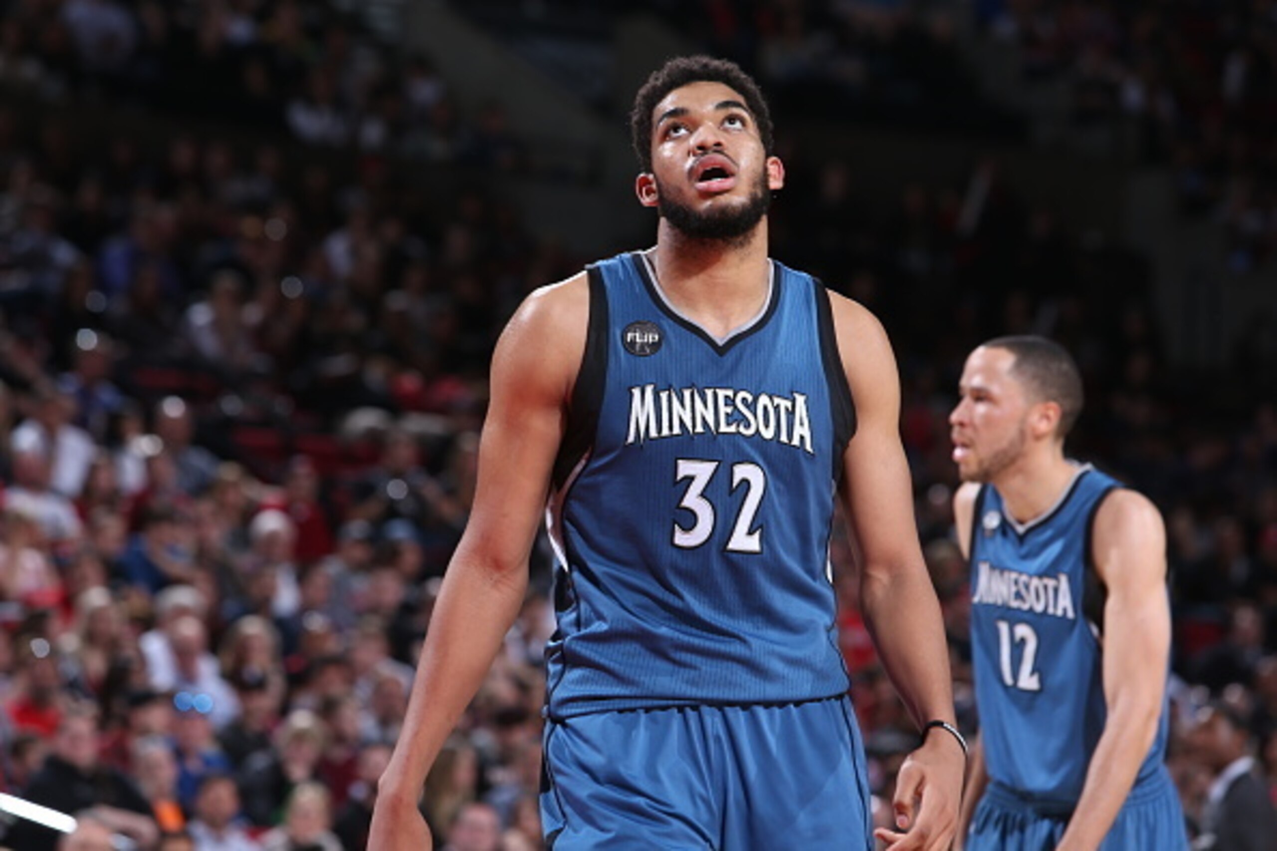 PORTLAND, OR - APRIL 9:  Karl-Anthony Towns #32 of the Minnesota Timberwolves is seen against the Portland Trail Blazerson April 9, 2016 at the Moda Center Arena in Portland, Oregon. NOTE TO USER: User expressly acknowledges and agrees that, by downloadin