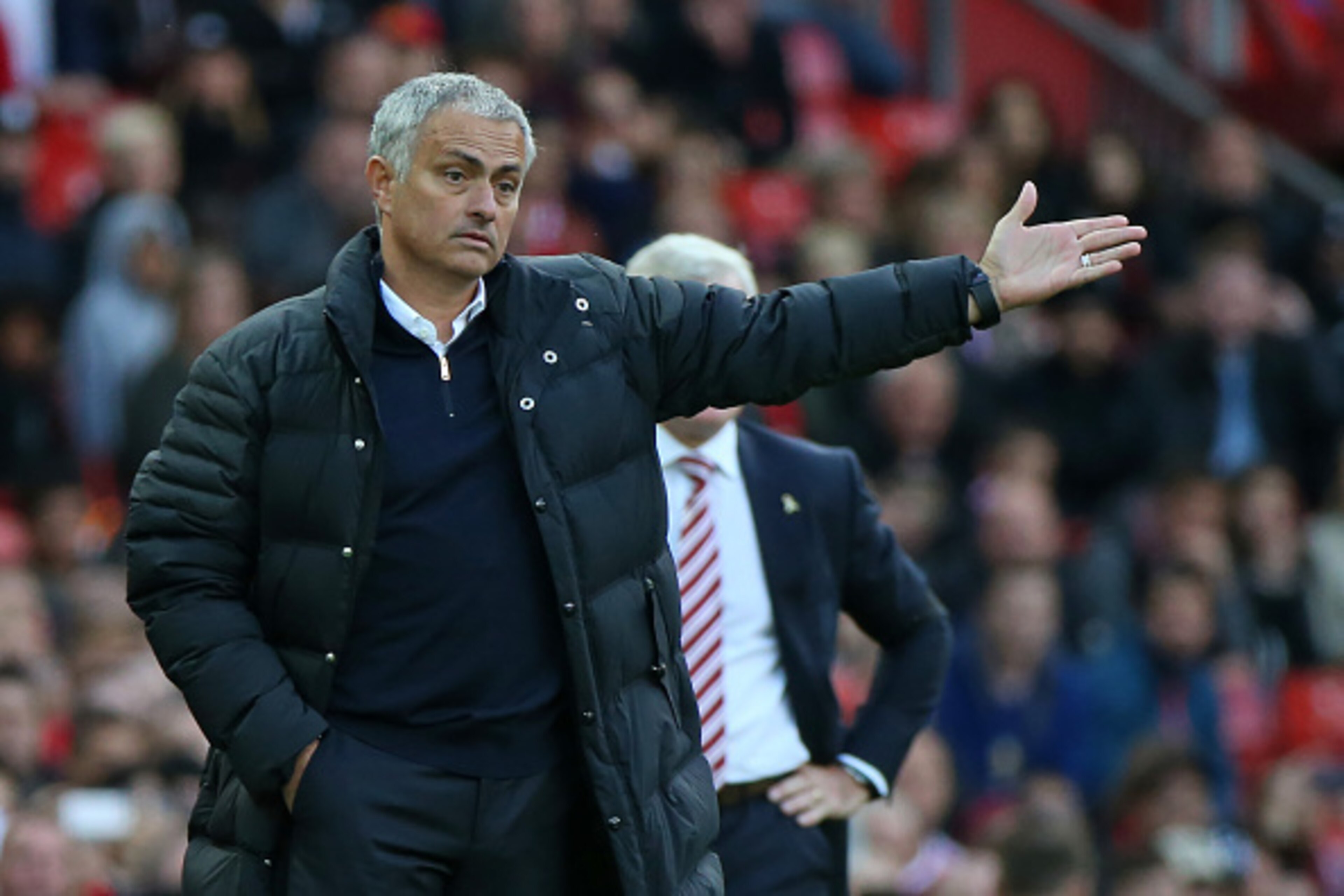 Manchester United's Portuguese manager Jose Mourinho gestures on the touchline during the English Premier League football match between Manchester United and Stoke City at Old Trafford in Manchester, north west England, on October 2, 2016.
The game ended Manchester United's Portuguese manager Jose Mourinho gestures on the touchline during the English Premier League football match between Manchester United and Stoke City at Old Trafford in Manchester, north west England, on October 2, 2016.
The game ended