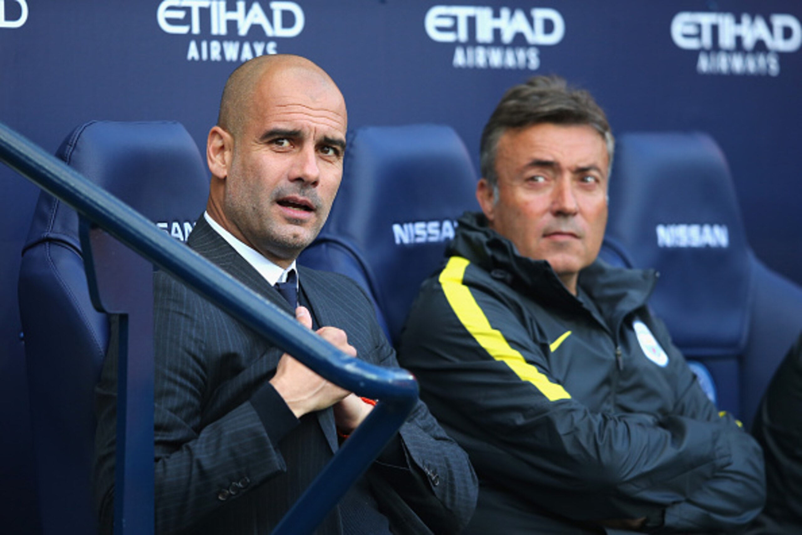 MANCHESTER, ENGLAND - OCTOBER 15:  Josep Guardiola, Manager of Manchester City looks on with assistant Domenec Torrent during the Premier League match between Manchester City and Everton at Etihad Stadium on October 15, 2016 in Manchester, England.  (Phot