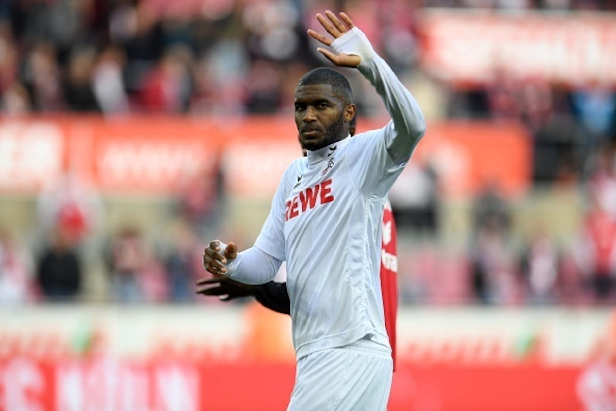 Cologne's French forward Anthony Modeste reacts after the German first division Bundesliga football match between FC Cologne and FC Ingolstadt 04, in Cologne, western Germany, on October 15, 2016. / AFP / PATRIK STOLLARZ / RESTRICTIONS: DURING MATCH TIME: