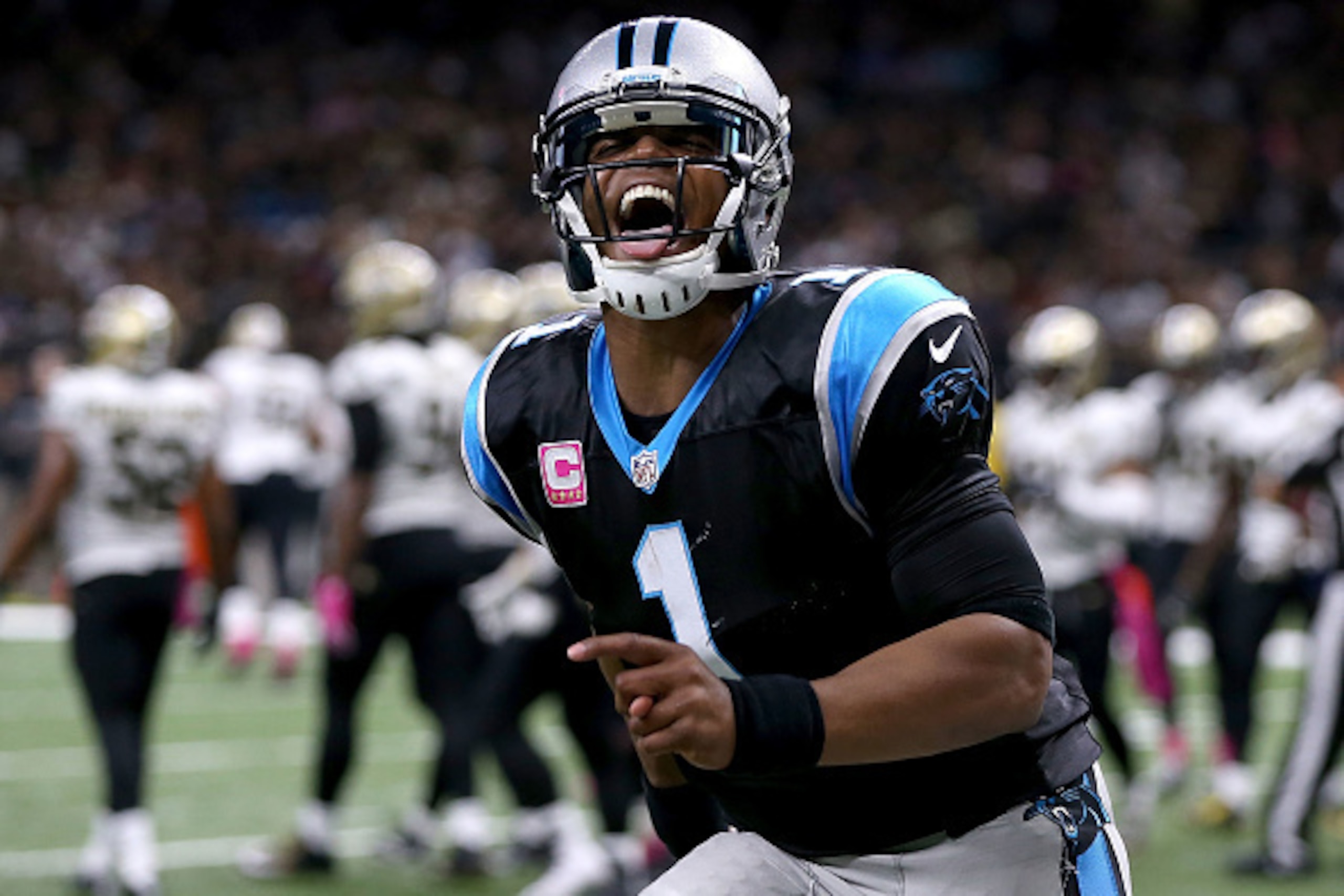 NEW ORLEANS, LA - OCTOBER 16:  Cam Newton #1 of the Carolina Panthers reacts after his team scored a touchdown in the fourth quarter against the New Orleans Saints at the Mercedes-Benz Superdome on October 16, 2016 in New Orleans, Louisiana.  (Photo by Se
