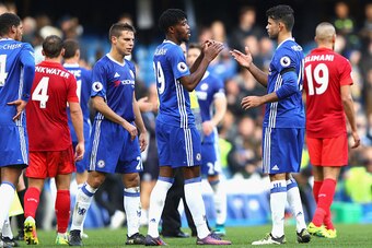 LONDON, ENGLAND - OCTOBER 15:  Nathaniel Chalobah of Chelsea and Diego Costa of Chelsea embrace after the final whistle during the Premier League match between Chelsea and Leicester City at Stamford Bridge on October 15, 2016 in London, England.  (Photo b