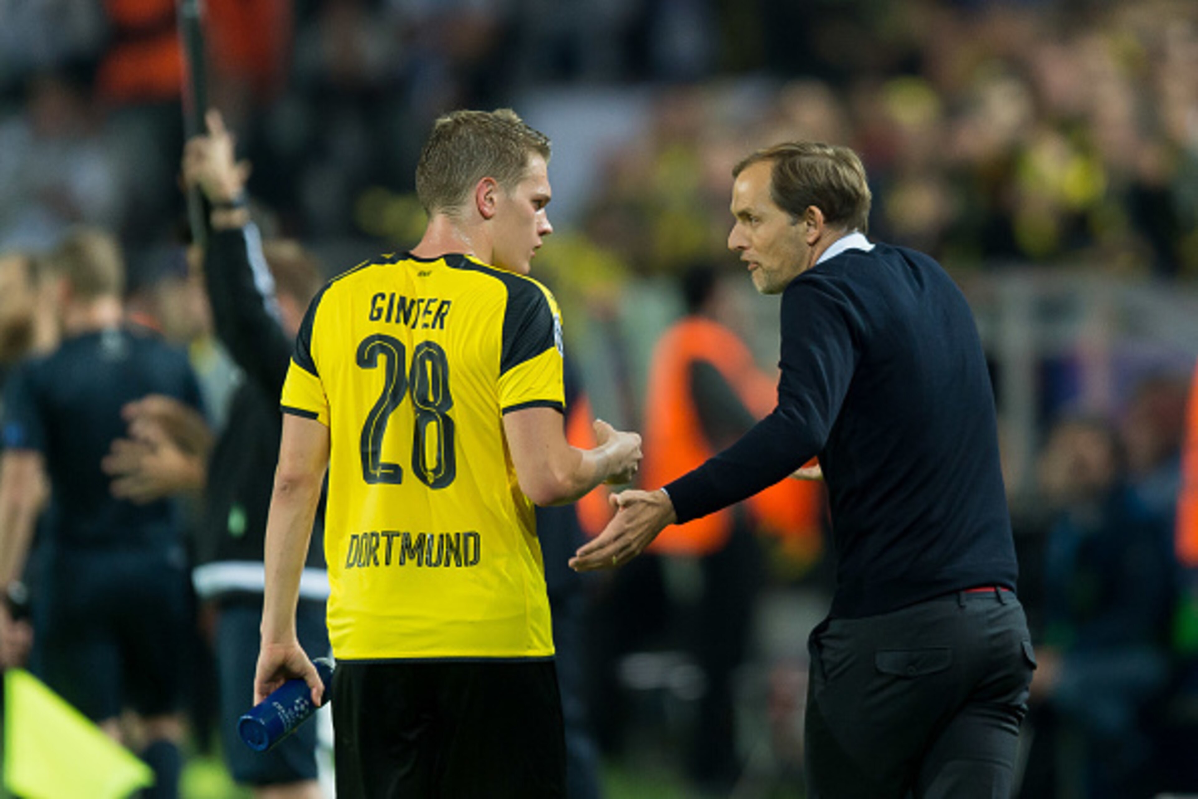 Dortmund, Germany 27.09.2016, UEFA Champions League - 2016/17 Season, Group F - Matchday 2, BV Borussia Dortmund - Real Madrid,  Matthias Ginter (BVB) und Trainer Thomas Tuchel (BVB)   (Photo by TF-Images/Getty Images)