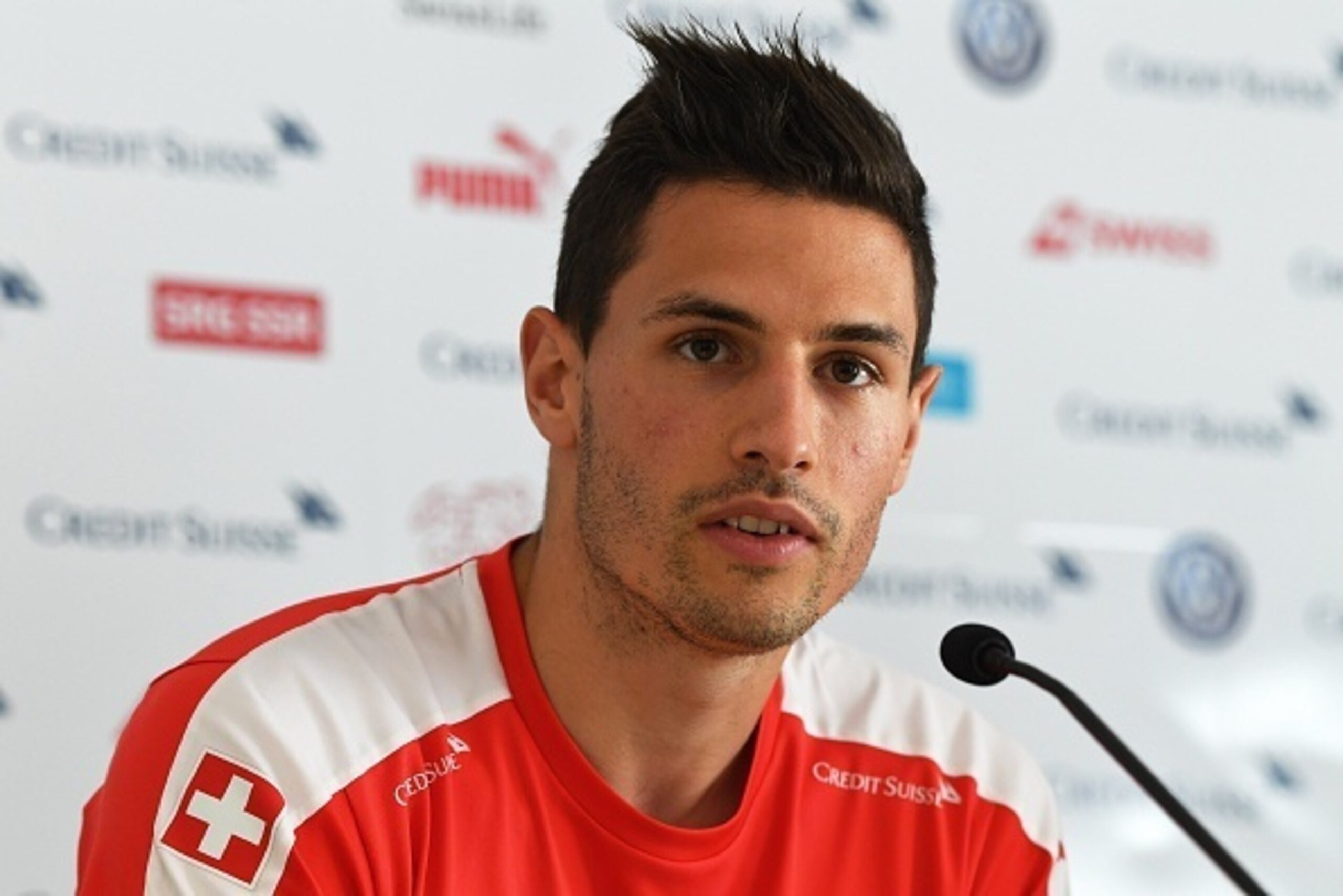 Switzerland's defender Fabian Schar holds a press conference in Montpellier, southern France, on June 9, 2016, on the eve of the beginning of the Euro 2016 football tournament. / AFP / PASCAL GUYOT        (Photo credit should read PASCAL GUYOT/AFP/Getty I