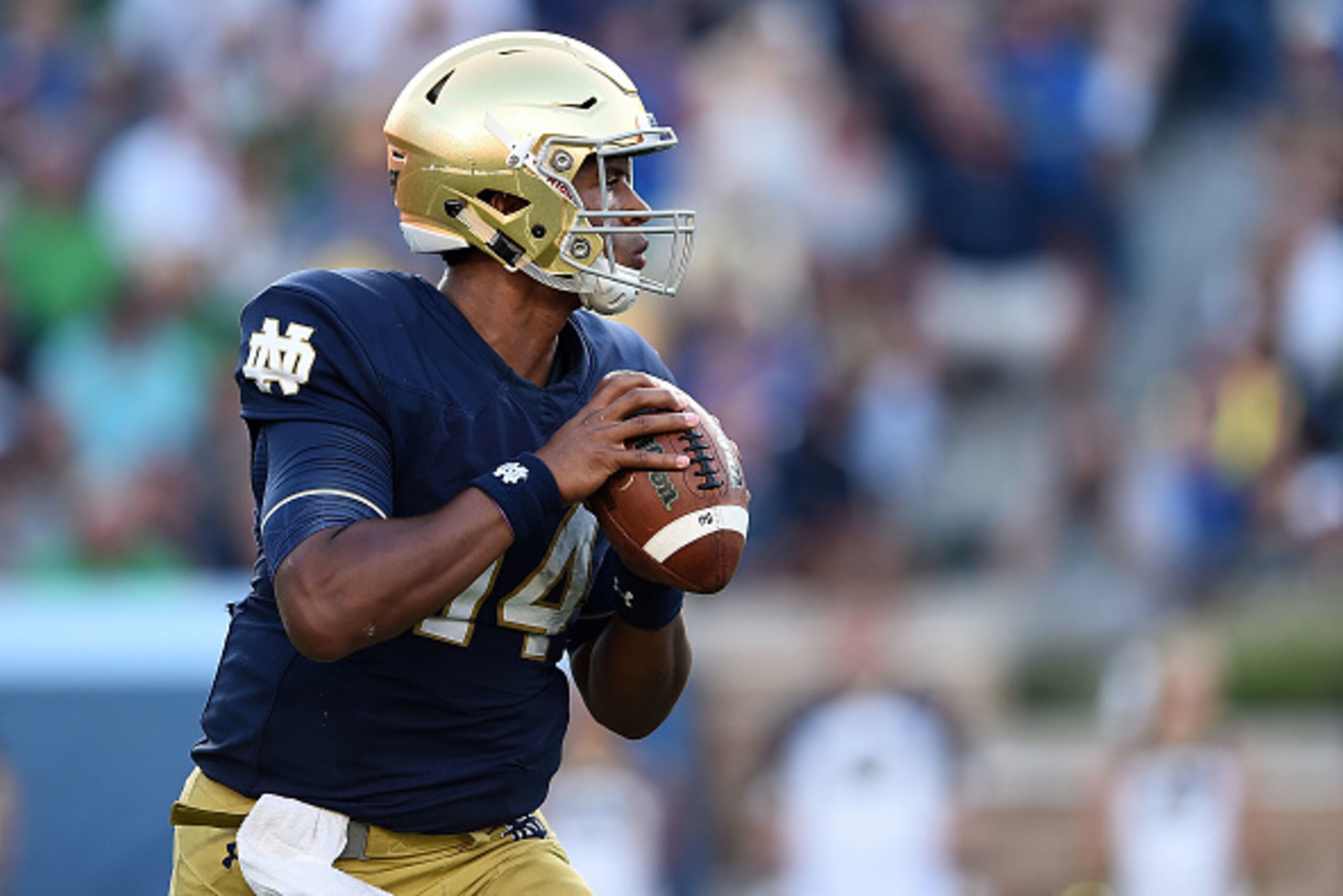 SOUTH BEND, IN - SEPTEMBER 24:  DeShone Kizer #14 of the Notre Dame Fighting Irish drops back to pass during a game against the Duke Blue Devils at Notre Dame Stadium on September 24, 2016 in South Bend, Indiana.  Duke defeated Notre Dame 38-35.  (Photo b