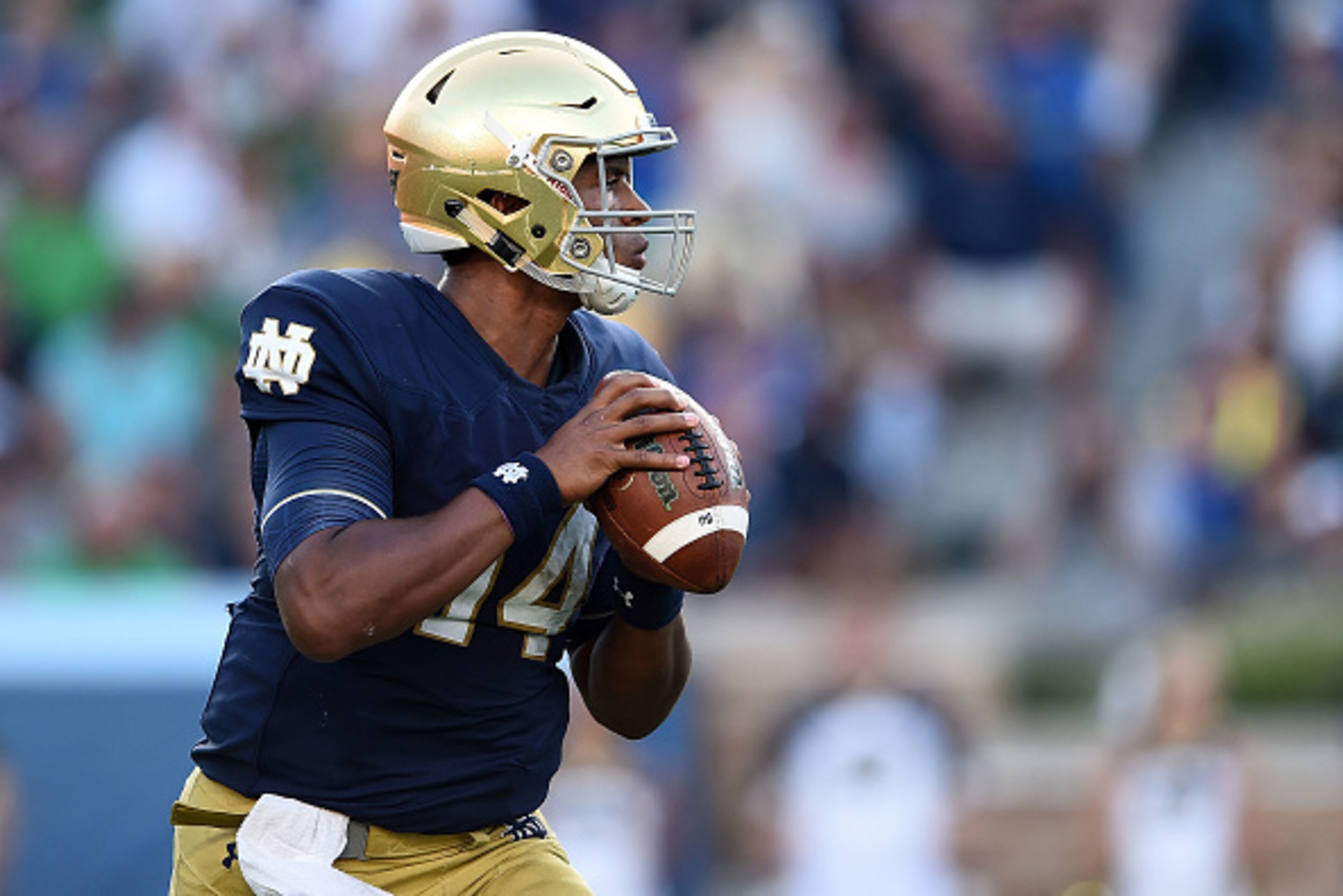 SOUTH BEND, IN - SEPTEMBER 24:  DeShone Kizer #14 of the Notre Dame Fighting Irish drops back to pass during a game against the Duke Blue Devils at Notre Dame Stadium on September 24, 2016 in South Bend, Indiana.  Duke defeated Notre Dame 38-35.  (Photo b