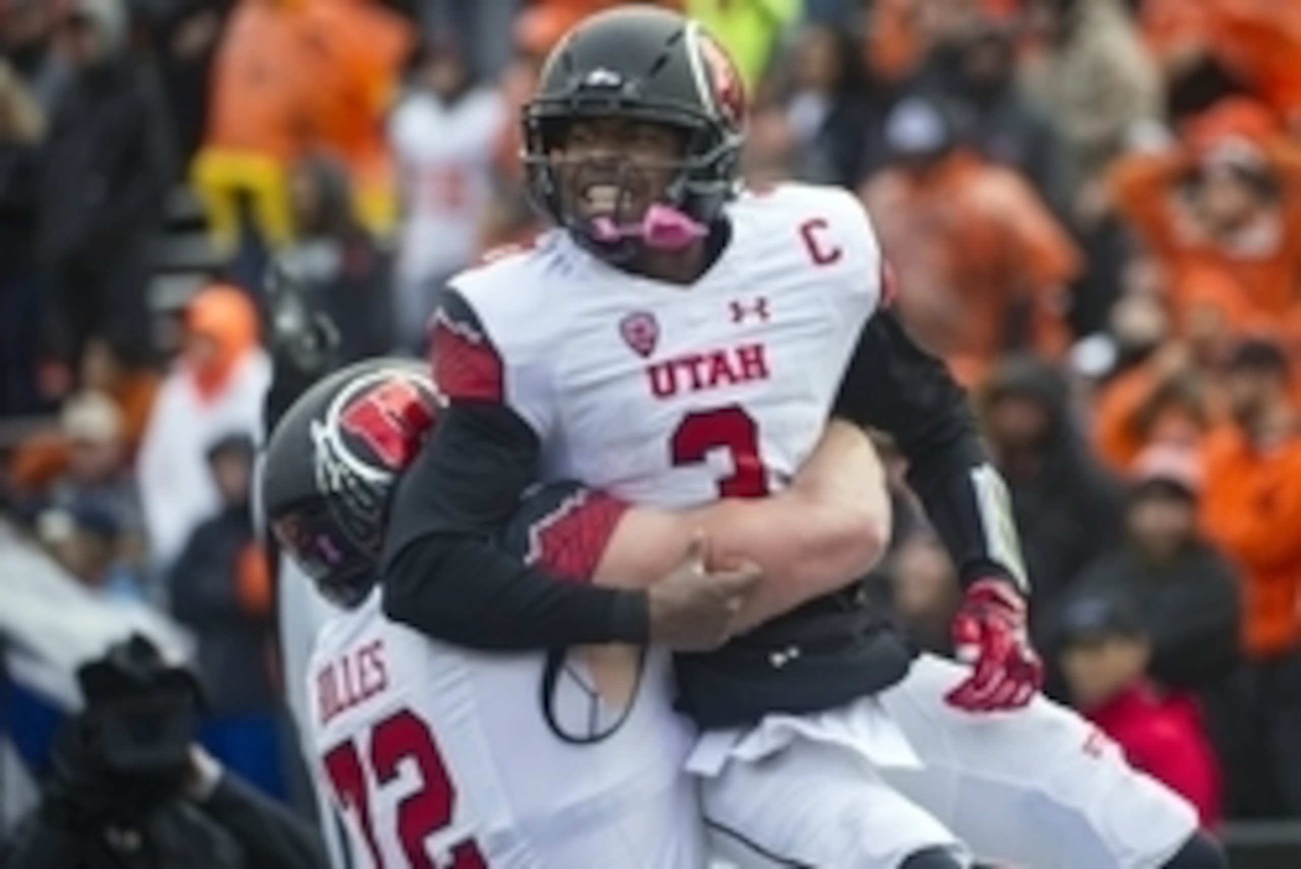 Oct 15, 2016; Corvallis, OR, USA; Utah Utes quarterback Troy Williams (3) and Utah Utes offensive lineman Garett Bolles (72) react to a touch down during the fourth quarter at Reser Stadium. Mandatory Credit: Cole Elsasser-USA TODAY Sports Oct 15, 2016; Corvallis, OR, USA; Utah Utes quarterback Troy Williams (3) and Utah Utes offensive lineman Garett Bolles (72) react to a touch down during the fourth quarter at Reser Stadium. Mandatory Credit: Cole Elsasser-USA TODAY Sports