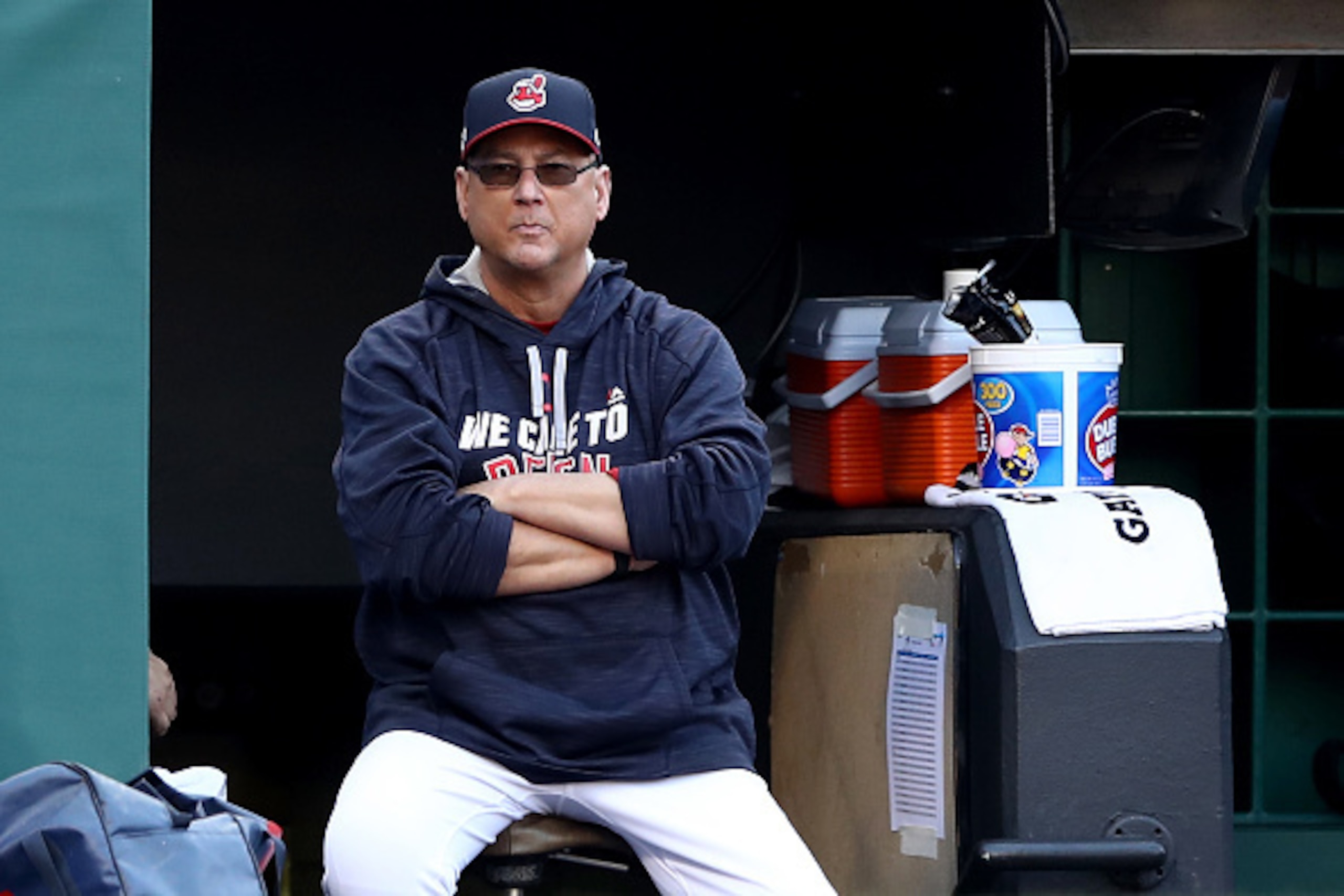 CLEVELAND, OH - OCTOBER 15:  Terry Francona #17 of the Cleveland Indians looks on from the dugout against the Toronto Blue Jays during game two of the American League Championship Series at Progressive Field on October 15, 2016 in Cleveland, Ohio.  (Photo