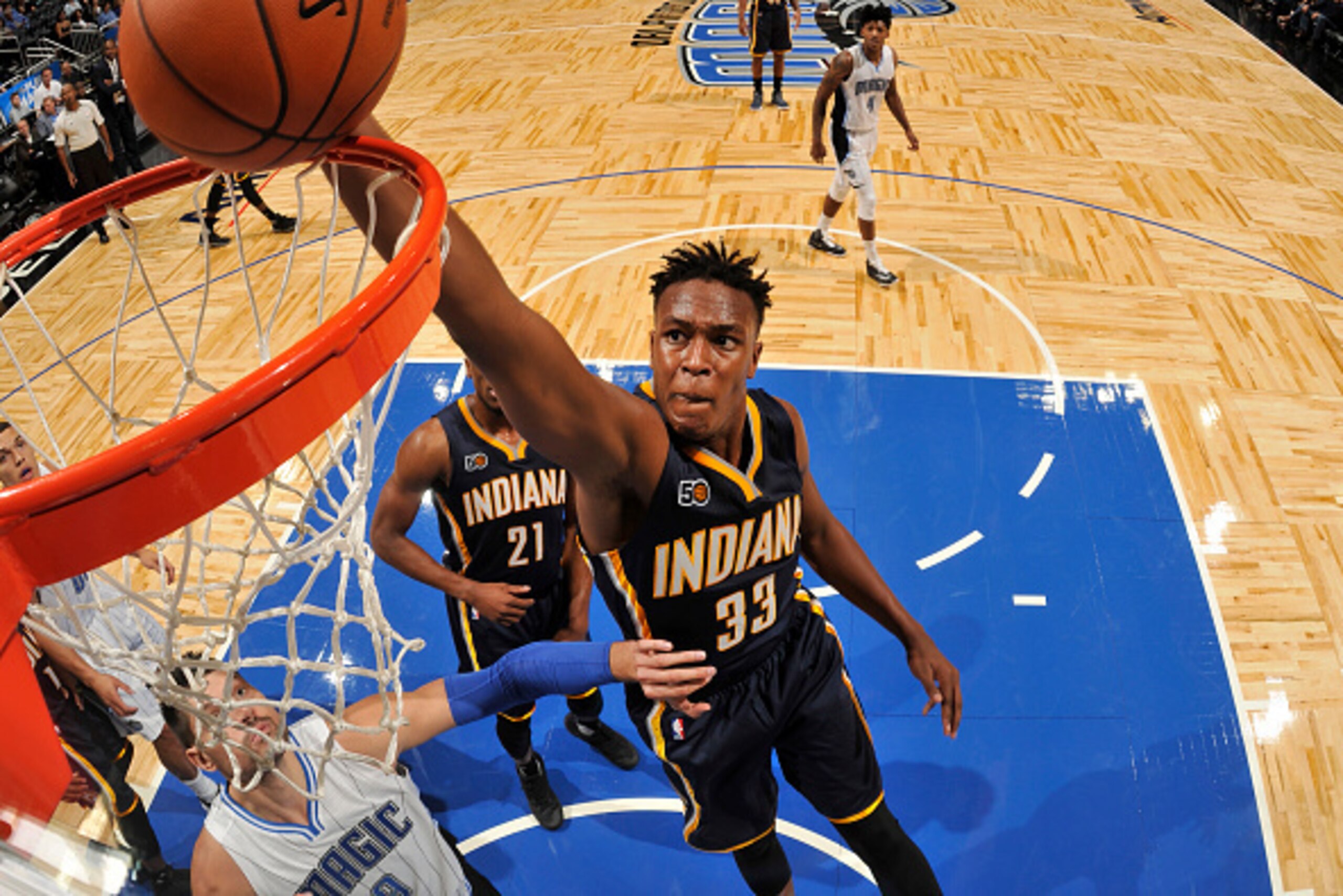 ORLANDO, FL - OCTOBER 14: Myles Turner #33 of the Indiana Pacers goes up for a dunk during a preseason game against the Orlando Magic on October 14, 2016 at Amway Center in Orlando, Florida. NOTE TO USER: User expressly acknowledges and agrees that, by do