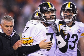 CINCINNATI, OH - JANUARY 09:  Ben Roethlisberger #7 of the Pittsburgh Steelers is helped off the field after being injured in the third quarter against the Cincinnati Bengals during the AFC Wild Card Playoff game at Paul Brown Stadium on January 9, 2016 i