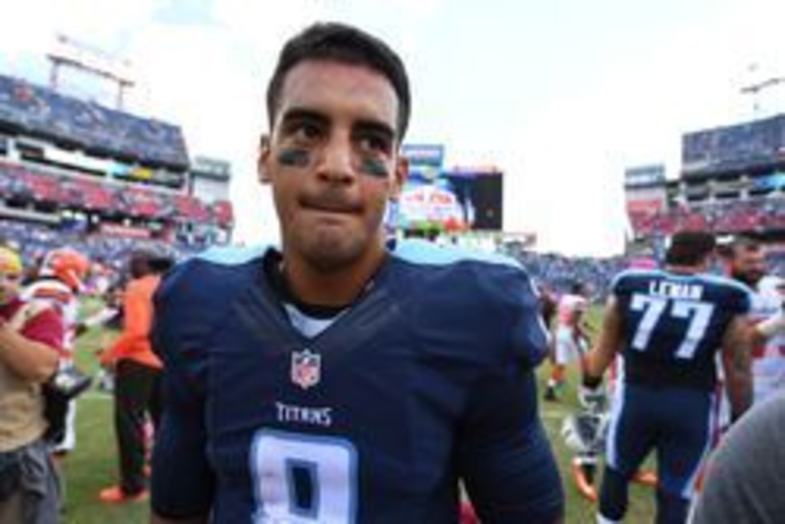 Oct 16, 2016; Nashville, TN, USA; Tennessee Titans quarterback Marcus Mariota (8) reacts after a win against the Cleveland Browns at Nissan Stadium. Tennessee won 28-26. Mandatory Credit: Christopher Hanewinckel-USA TODAY Sports