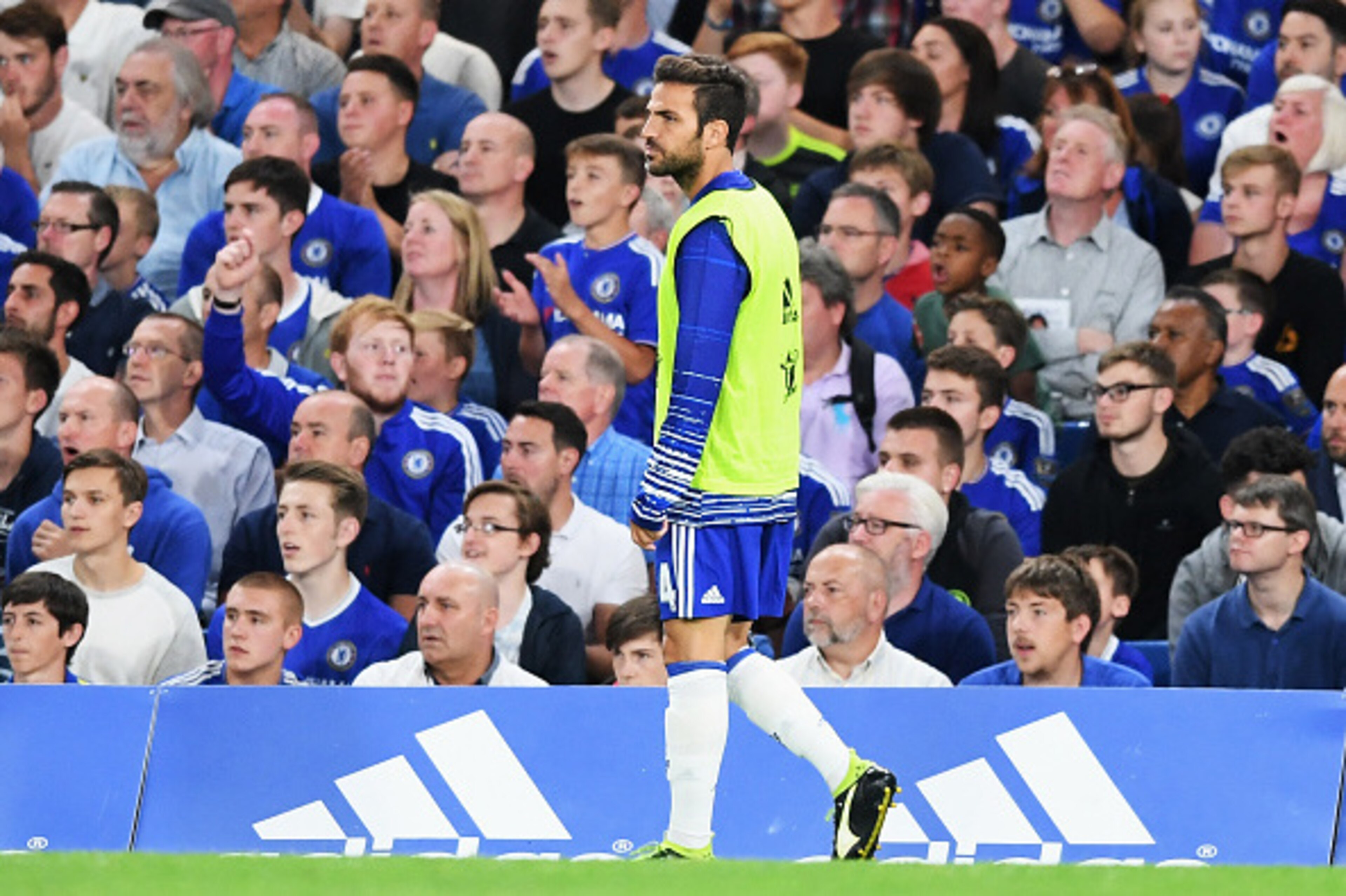LONDON, ENGLAND - AUGUST 15:  Cesc Fabregas of Chelsea looks on from the sidelines during the Premier League match between Chelsea and West Ham United at Stamford Bridge on August 15, 2016 in London, England.  (Photo by Michael Regan/Getty Images)