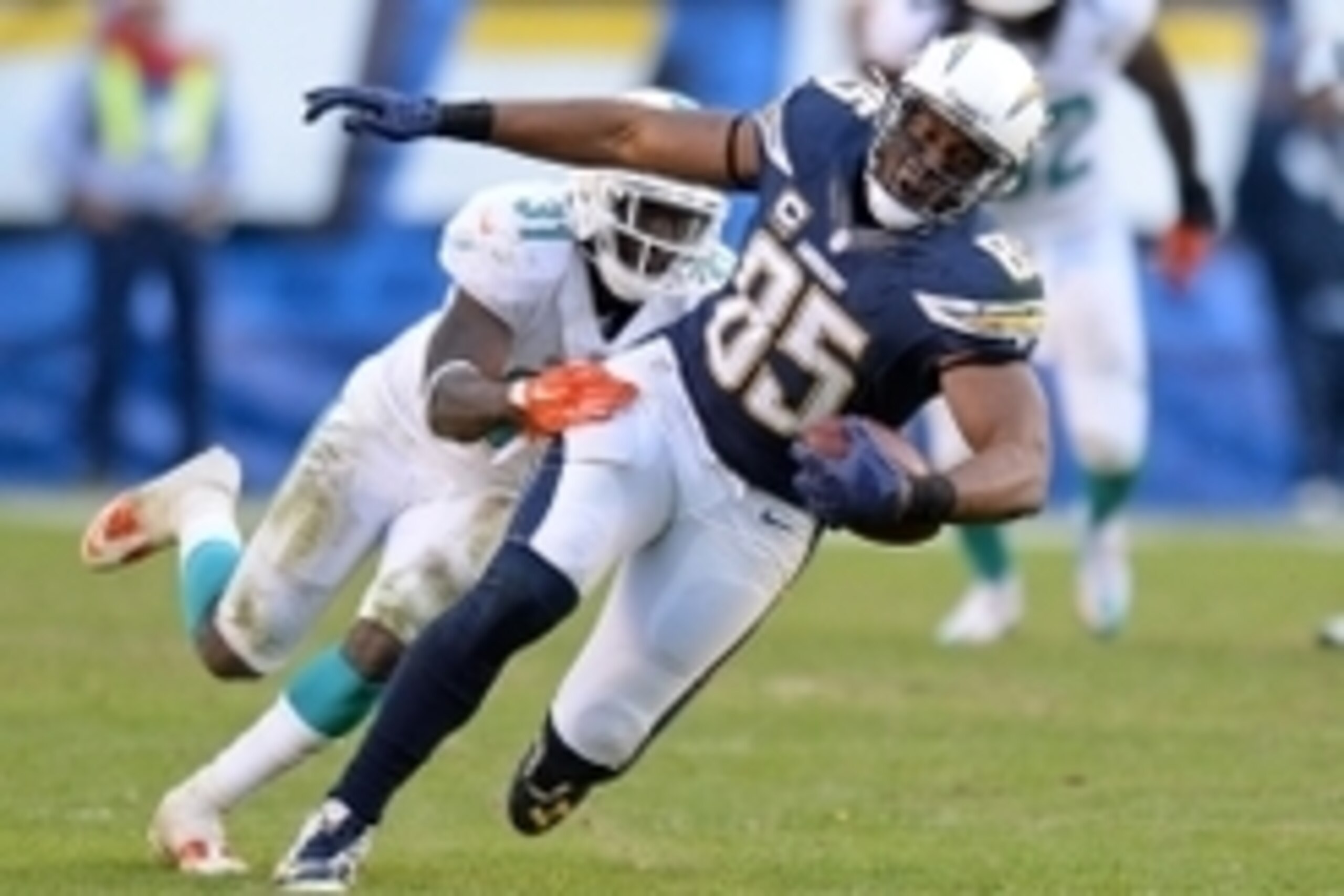 Dec 20, 2015; San Diego, CA, USA; San Diego Chargers tight end Antonio Gates (85) is defended after a catch by Miami Dolphins free safety Michael Thomas (31) during the fourth quarter at Qualcomm Stadium. Mandatory Credit: Jake Roth-USA TODAY Sports