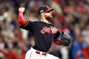 CLEVELAND, OH - OCTOBER 14:  Corey Kluber #28 of the Cleveland Indians throws a pitch against the Toronto Blue Jays during game one of the American League Championship Series at Progressive Field on October 14, 2016 in Cleveland, Ohio.  (Photo by Maddie M