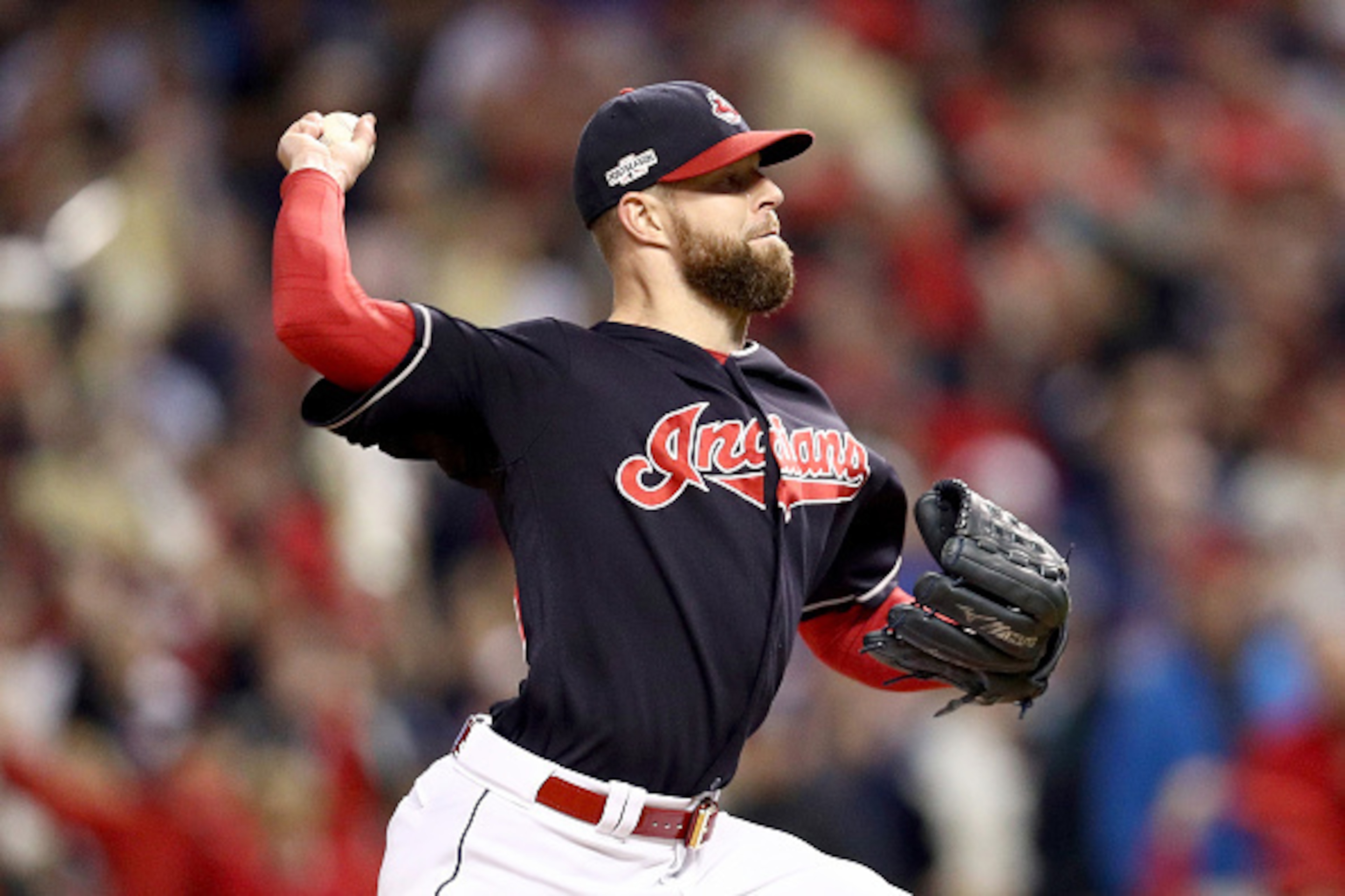 CLEVELAND, OH - OCTOBER 14:  Corey Kluber #28 of the Cleveland Indians throws a pitch against the Toronto Blue Jays during game one of the American League Championship Series at Progressive Field on October 14, 2016 in Cleveland, Ohio.  (Photo by Maddie M