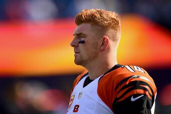 FOXBORO, MA - OCTOBER 16:  Andy Dalton #14 of the Cincinnati Bengals look on before the game against the New England Patriots at Gillette Stadium on October 16, 2016 in Foxboro, Massachusetts.  (Photo by Billie Weiss/Getty Images)