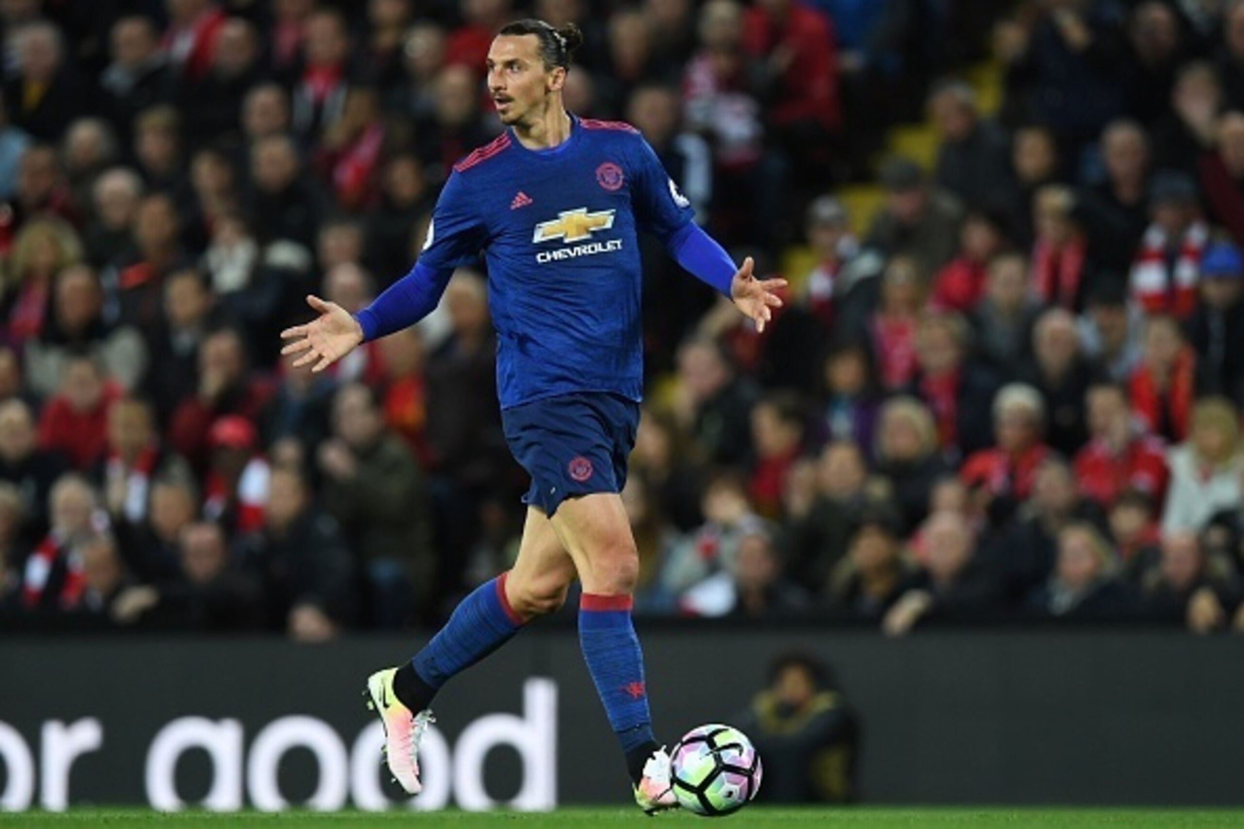 Manchester United's Swedish striker Zlatan Ibrahimovic reacts after being caught offside during the English Premier League football match between Liverpool and Manchester United at Anfield in Liverpool, north west England on October 17, 2016. / AFP / Paul Manchester United's Swedish striker Zlatan Ibrahimovic reacts after being caught offside during the English Premier League football match between Liverpool and Manchester United at Anfield in Liverpool, north west England on October 17, 2016. / AFP / Paul