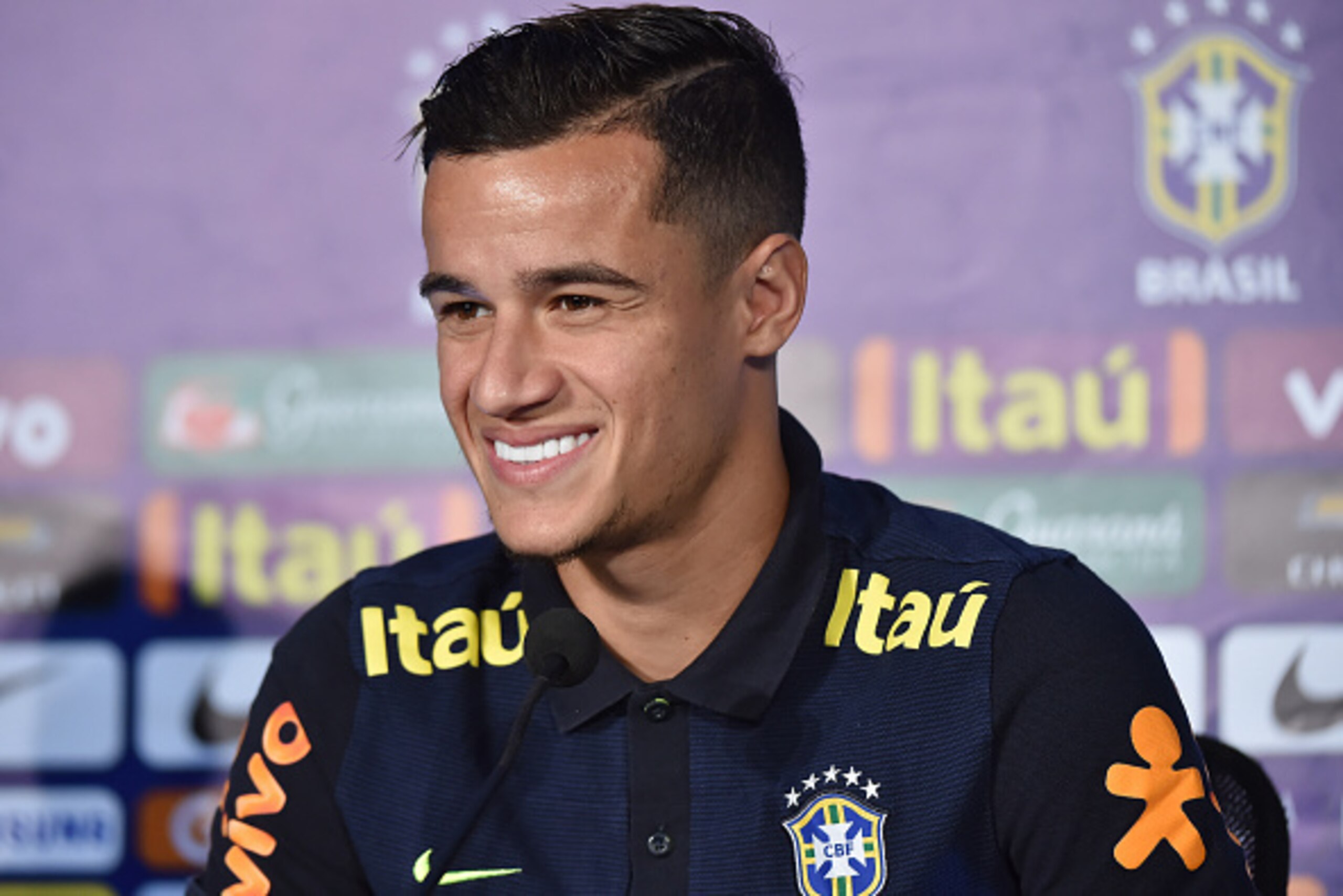Brazil's football team player Philippe Coutinho speaks during a press conference after a training session at the Arena Dunas stadium in Natal, Brazil on October 8, 2016 ahead of a 2018 FIFA Russia World Cup qualifier match against Venezuela on October 11 