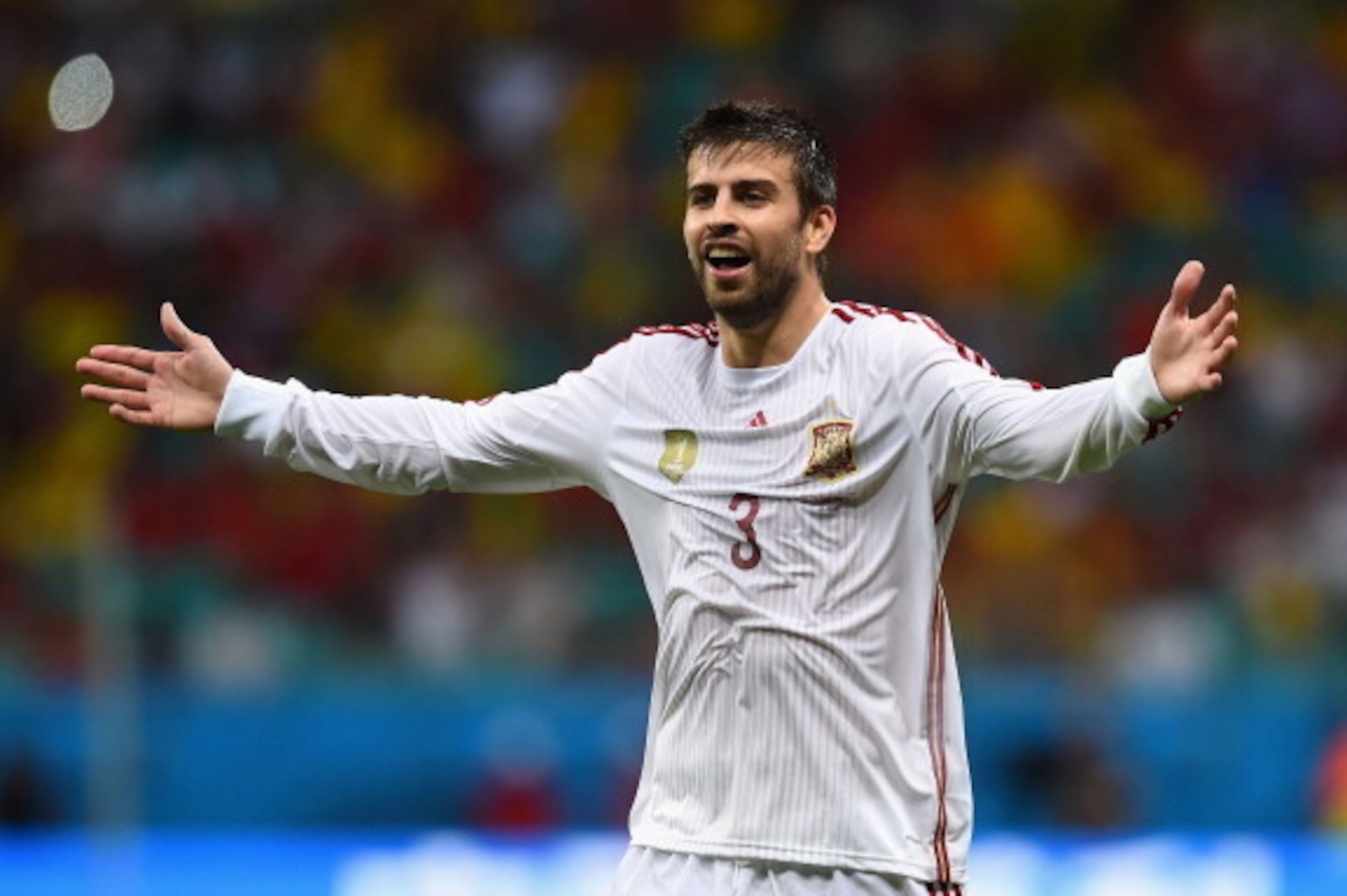 SALVADOR, BRAZIL - JUNE 13:  Gerard Pique of Spain reacts during the 2014 FIFA World Cup Brazil Group B match between Spain and Netherlands at Arena Fonte Nova on June 13, 2014 in Salvador, Brazil.  (Photo by David Ramos/Getty Images)