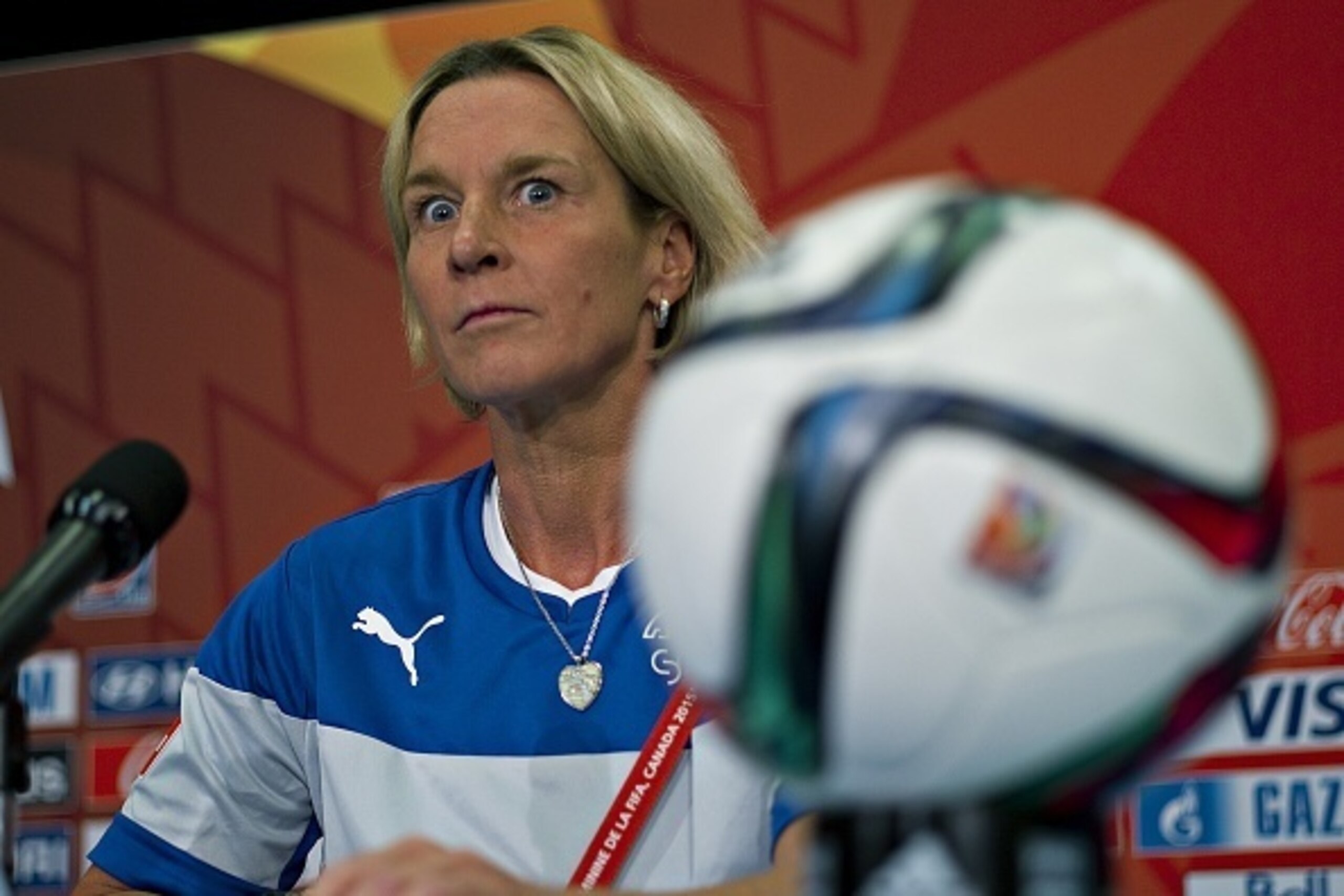 Switzerland coach Martina Voss-Tecklenburg meets with the media prior to training in Vancouver during the 2015 FIFA Women's World Cup in Vancouver, British Columbia on June 20, 2015.   AFP PHOTO/ANDY CLARK        (Photo credit should read ANDY CLARK/AFP/G