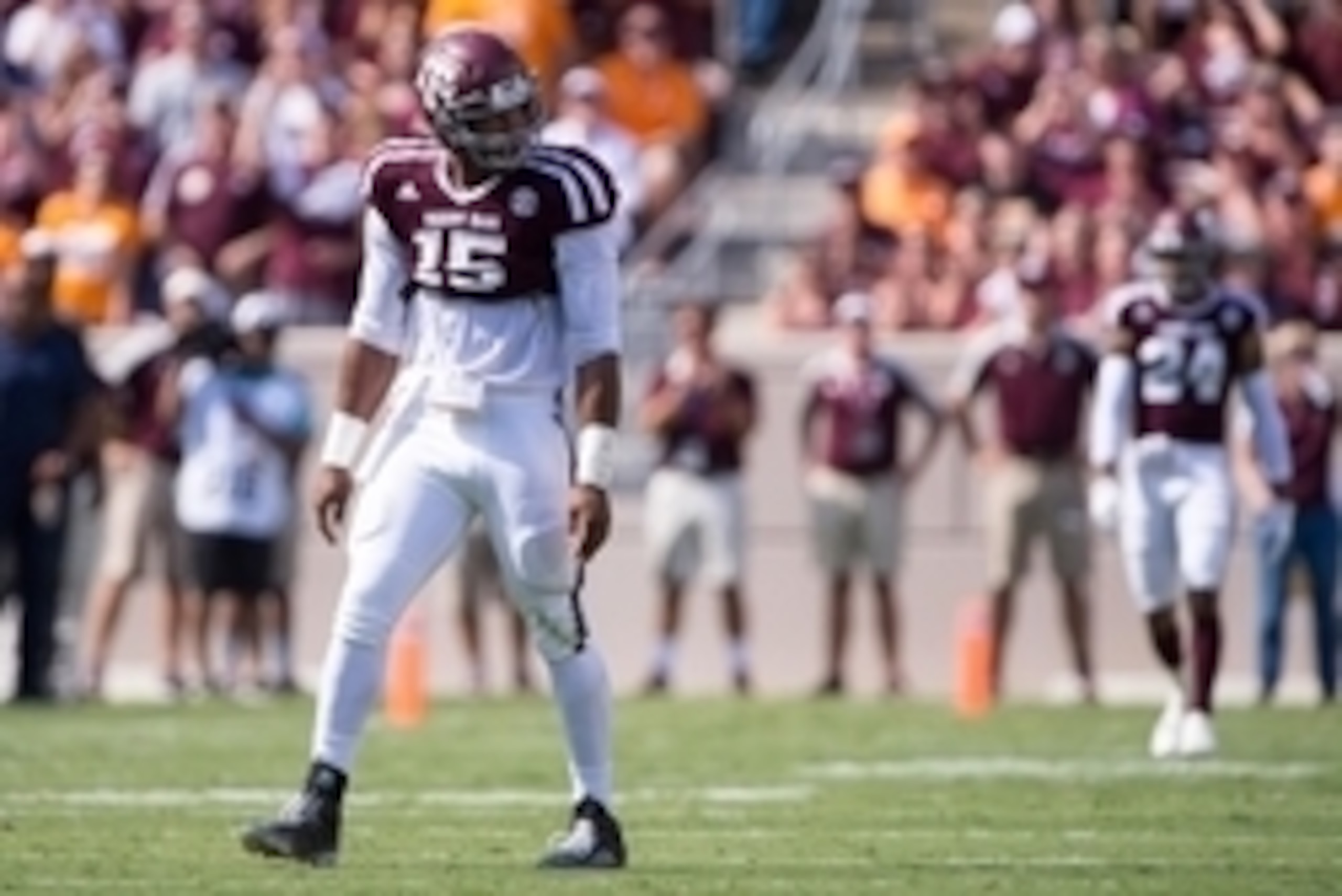 Oct 8, 2016; College Station, TX, USA; Texas A&M Aggies defensive lineman Myles Garrett (15) in action during the game against the Tennessee Volunteers at Kyle Field. The Aggies defeat the Volunteers 45-38 in overtime. Mandatory Credit: Jerome Miron-USA T