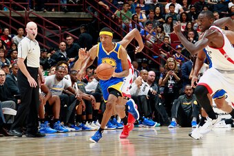VANCOUVER, BC - OCTOBER 1: Patrick McCaw #0 of the Golden State Warriors handles the ball against the Toronto Raptors during a preseason game on October 1, 2016 at Rogers Arena in Vancouver, British Columbia, Canada. NOTE TO USER: User expressly acknowled
