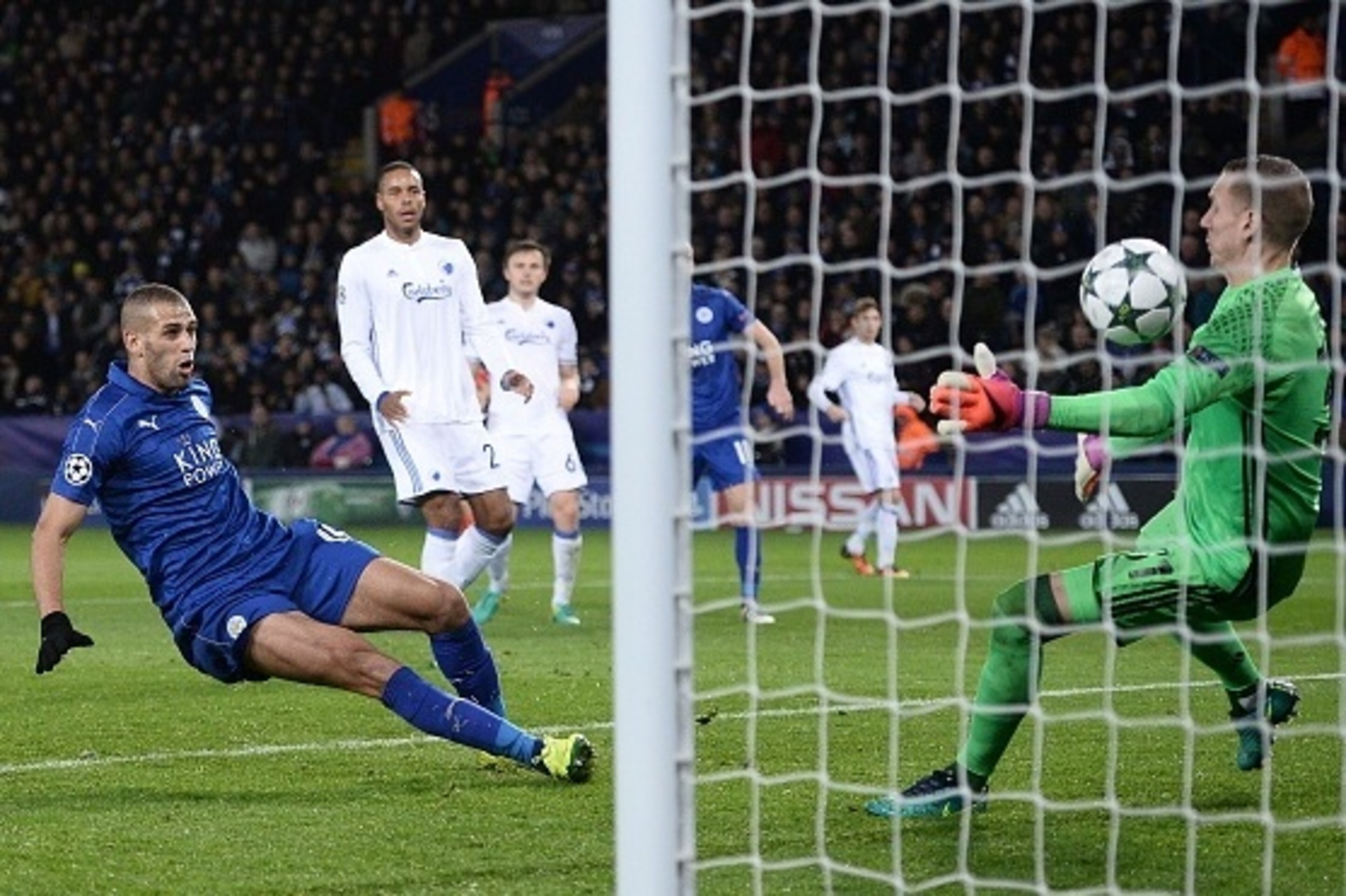 Leicester City's Algerian striker Islam Slimani (L) shoots to score, but the goal is dissallowed as he was ruled to be offside, during the UEFA Champions League group G football match between Leicester City and FC Copenhagen at the King Power Stadium in L Leicester City's Algerian striker Islam Slimani (L) shoots to score, but the goal is dissallowed as he was ruled to be offside, during the UEFA Champions League group G football match between Leicester City and FC Copenhagen at the King Power Stadium in L