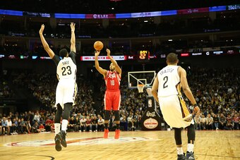SHANGHAI, CHINA - OCTOBER 9: Eric Gordon #10 of the Houston Rockets shoots against the New Orleans Pelicans as part of the 2016 Global Games - China at the Mercedes Benz Arena on October 9, 2016 in Shanghai, China. NOTE TO USER: User expressly acknowledge