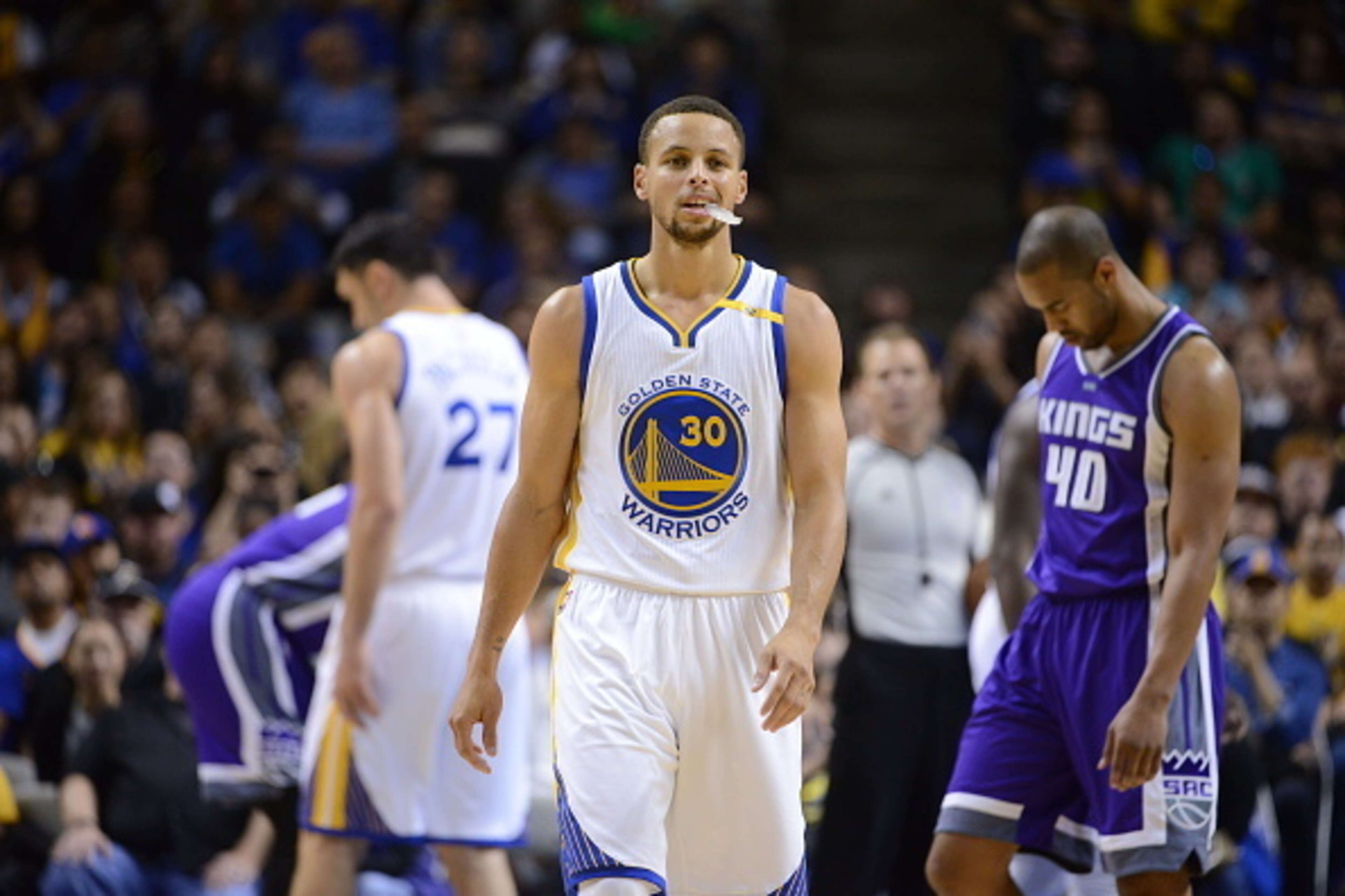 SAN JOSE, CA - OCTOBER 6:   Stephen Curry #30 of the Golden State Warriors looks on against the Sacramento Kings on October 6, 2016 at SAP Center in San Jose, California. NOTE TO USER: User expressly acknowledges and agrees that, by downloading and or usi