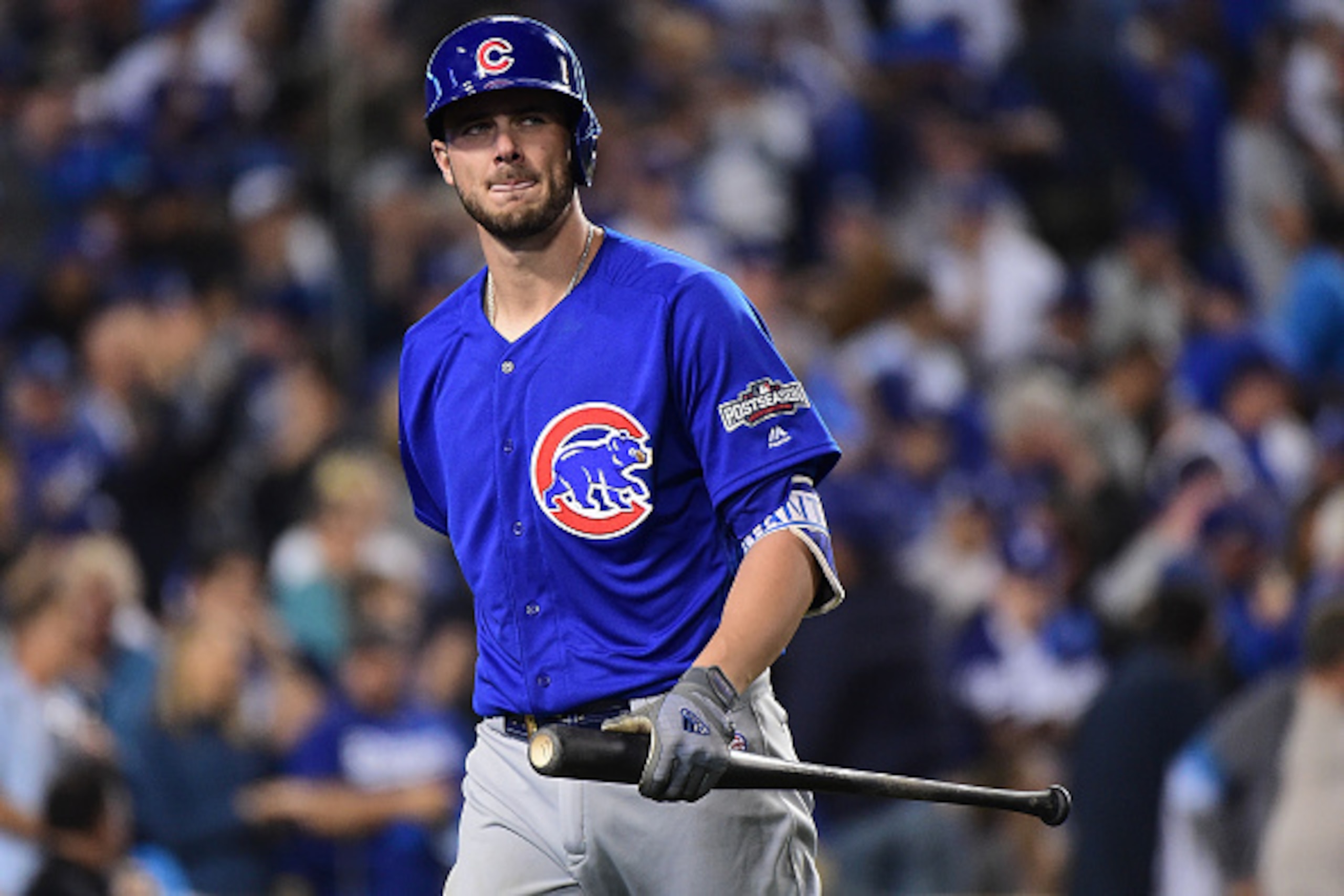 LOS ANGELES, CA - OCTOBER 18: Kris Bryant #17 of the Chicago Cubs reacts after striking out in the eighth inning against the Los Angeles Dodgers in game three of the National League Championship Series at Dodger Stadium on October 18, 2016 in Los Angeles LOS ANGELES, CA - OCTOBER 18: Kris Bryant #17 of the Chicago Cubs reacts after striking out in the eighth inning against the Los Angeles Dodgers in game three of the National League Championship Series at Dodger Stadium on October 18, 2016 in Los Angeles