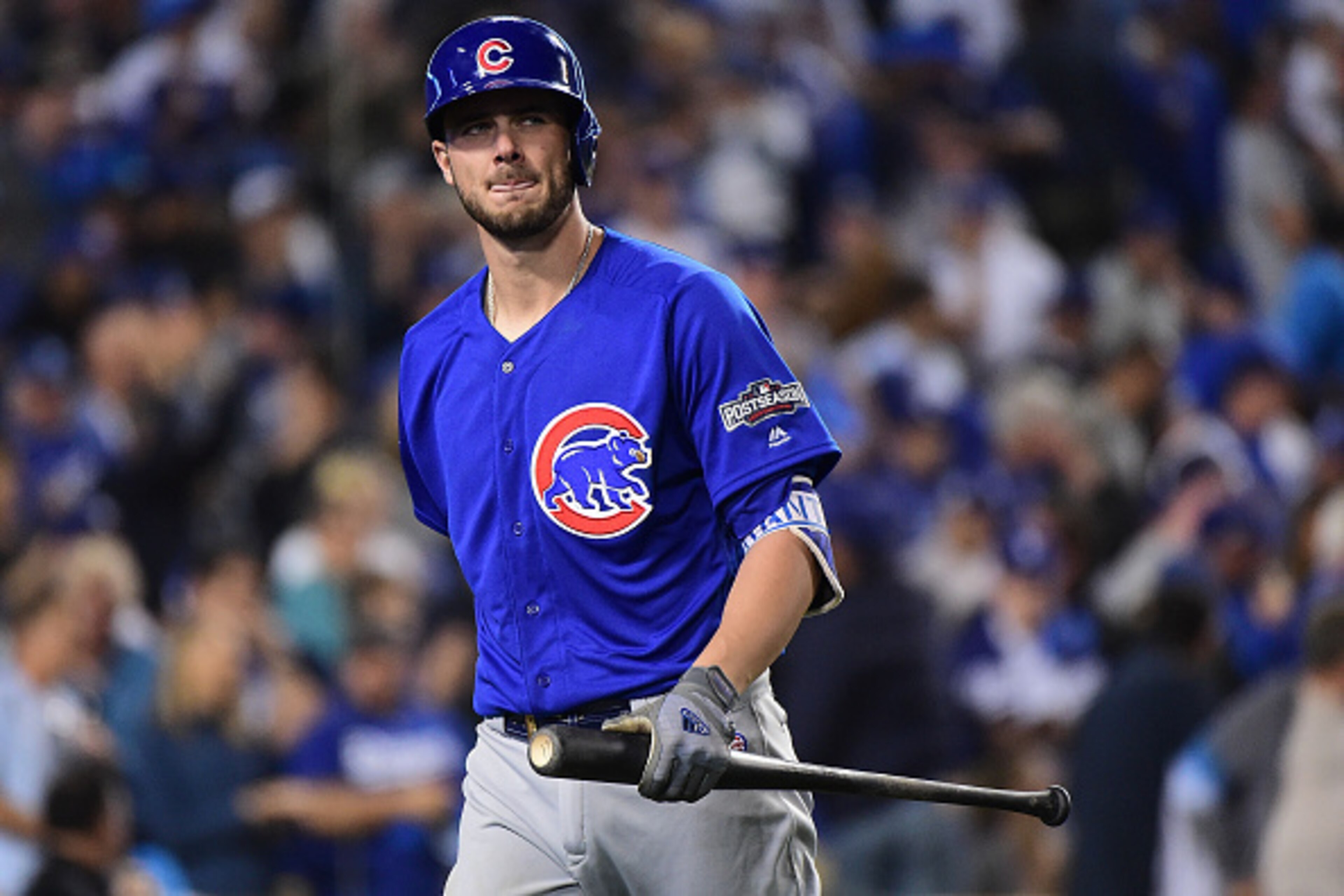 LOS ANGELES, CA - OCTOBER 18:  Kris Bryant #17 of the Chicago Cubs reacts after striking out in the eighth inning against the Los Angeles Dodgers in game three of the National League Championship Series at Dodger Stadium on October 18, 2016 in Los Angeles