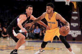 LOS ANGELES, CALIFORNIA - APRIL 06:  Pablo Prigioni #9 of the the Los Angeles Clippers defends against D'Angelo Russell #1 of the the Los Angeles Lakers during a basketball game at Staples Center on April 6, 2016 in Los Angeles, California.  (Photo by Sea