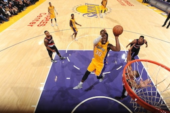 LOS ANGELES, CA - OCTOBER 11:  Julius Randle #30 of the Los Angeles Lakers shoots the ball against the Portland Trail Blazers during a preseason game on October 11, 2016 at STAPLES Center in Los Angeles, California. NOTE TO USER: User expressly acknowledg