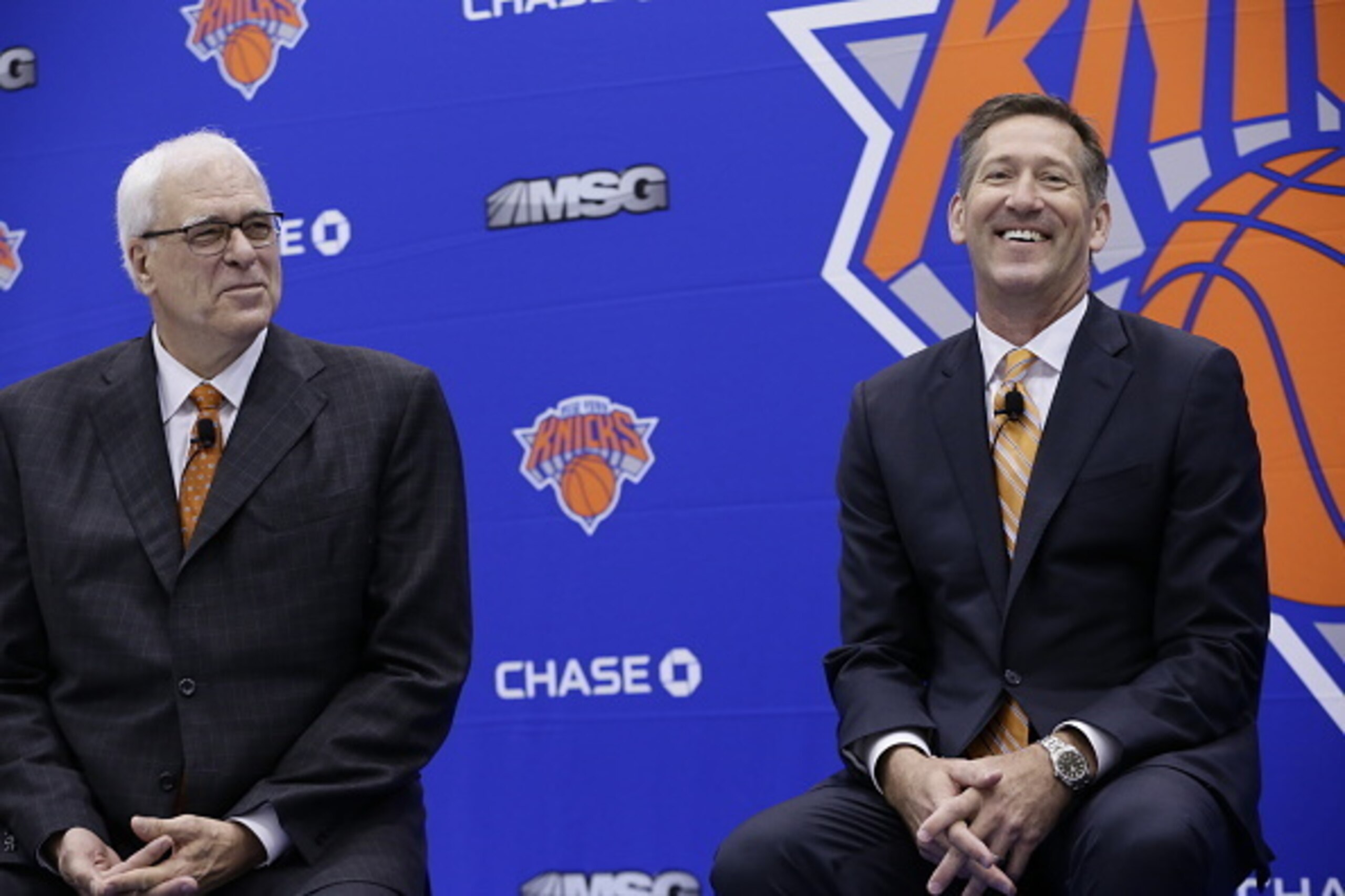 GREENBURG, NY June 3: The New York Knicks Phil Jackson introduces Jeff Hornacek as their new head coach during a press conference at the Knicks Practice Center on June 3, 2016 in Greenburg, New York. NOTE TO USER: User expressly acknowledges and agrees th
