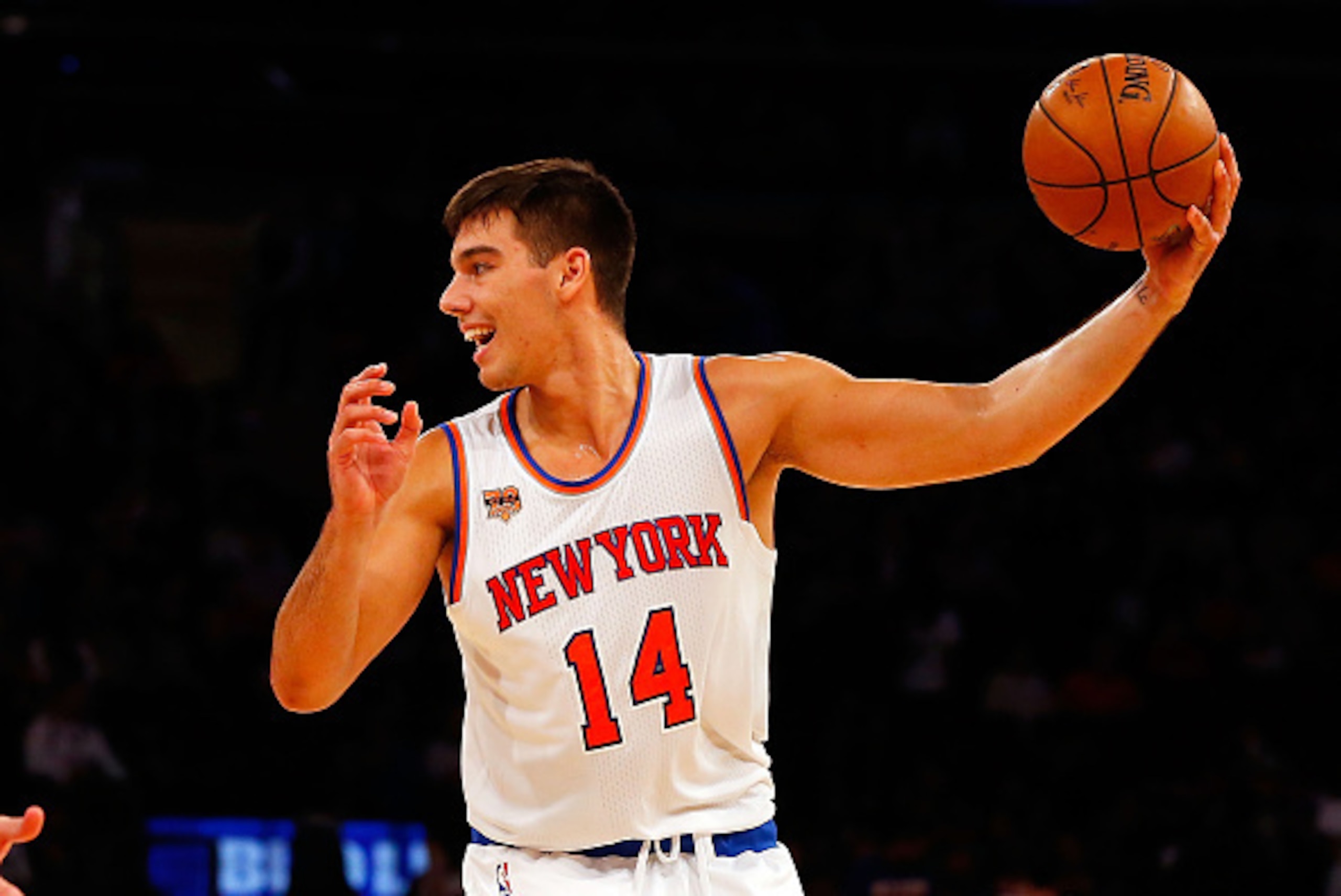 NEW YORK, NY - OCTOBER 08:  (NEW YORK DAILIES OUT)    Willy Hernangomez #14 of the New York Knicks in action against the Brooklyn Nets at Madison Square Garden on October 8, 2016 in New York City. The Knicks defeated the Nets 116-98.  NOTE TO USER: User e