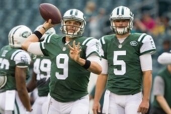 Sep 1, 2016; Philadelphia, PA, USA; New York Jets quarterback Bryce Petty (9) and quarterback Christian Hackenberg (5) prior to action against the Philadelphia Eagles at Lincoln Financial Field. Mandatory Credit: Bill Streicher-USA TODAY Sports