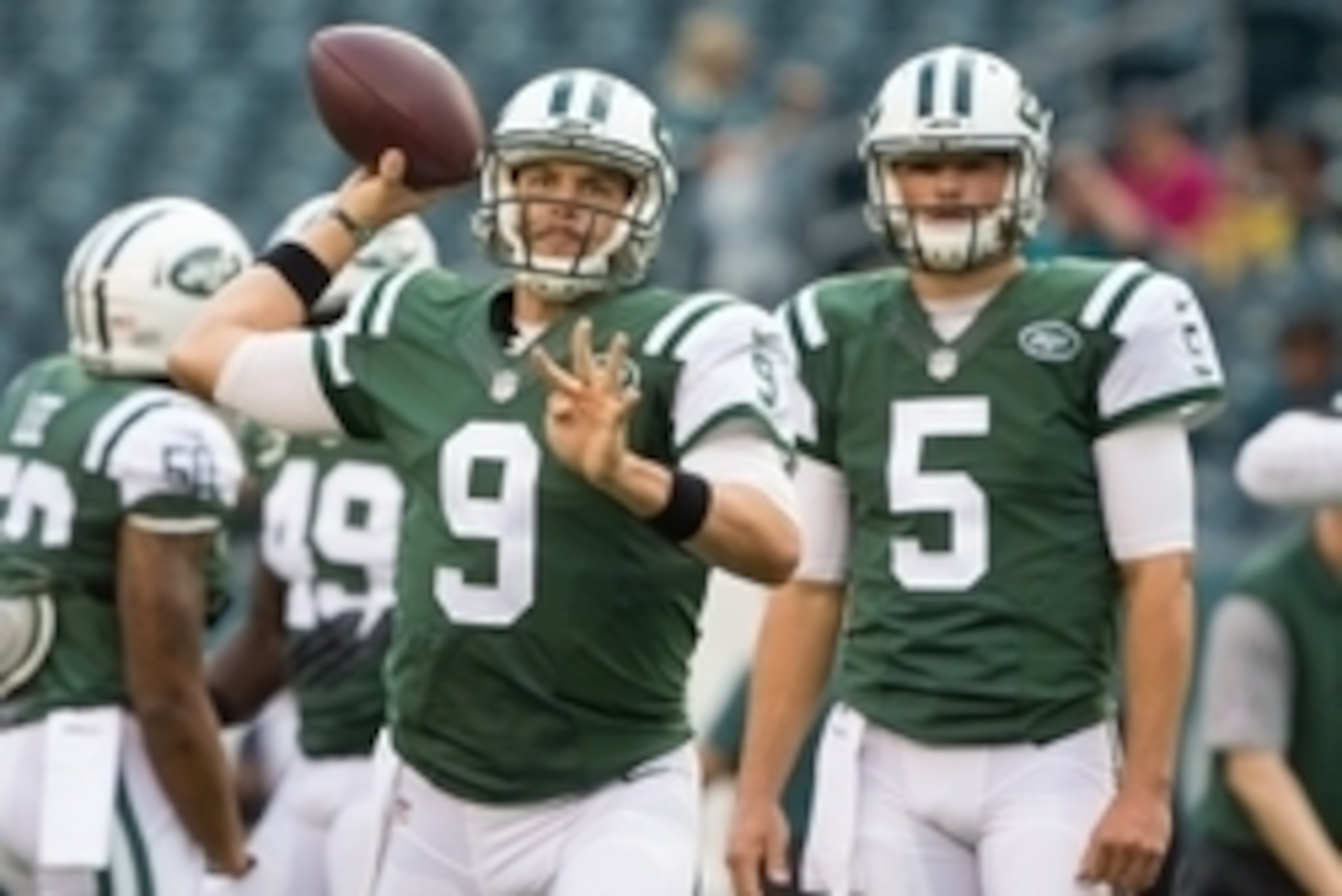 Sep 1, 2016; Philadelphia, PA, USA; New York Jets quarterback Bryce Petty (9) and quarterback Christian Hackenberg (5) prior to action against the Philadelphia Eagles at Lincoln Financial Field. Mandatory Credit: Bill Streicher-USA TODAY Sports