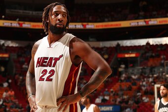 MIAMI, FL - OCTOBER 11:  Derrick Williams #22 of the Miami Heat looks on during a preseason game against the Brooklyn Nets on October 11, 2016 at American Airlines Arena in Miami, Florida. NOTE TO USER: User expressly acknowledges and agrees that, by down