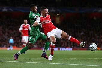LONDON, ENGLAND - OCTOBER 19: Jonathan Cafu of Ludogorets and Kieran Gibbs of Arsenal during the UEFA Champions League match between Arsenal FC and PFC Ludogorets Razgrad at Emirates Stadium on October 19, 2016 in London, England. (Photo by Catherine Ivil