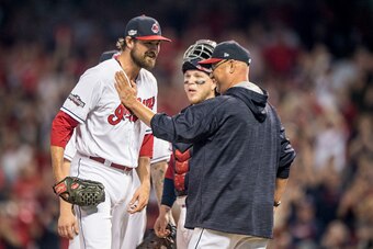 CLEVELAND, OH - OCTOBER 6: Andrew Miller #24 of the Cleveland Indians reacts with Manager Terry Francona during the seventh inning of game one of the American League Division Series against the Boston Red Sox on October 6, 2016 at Progressive Field in Cle