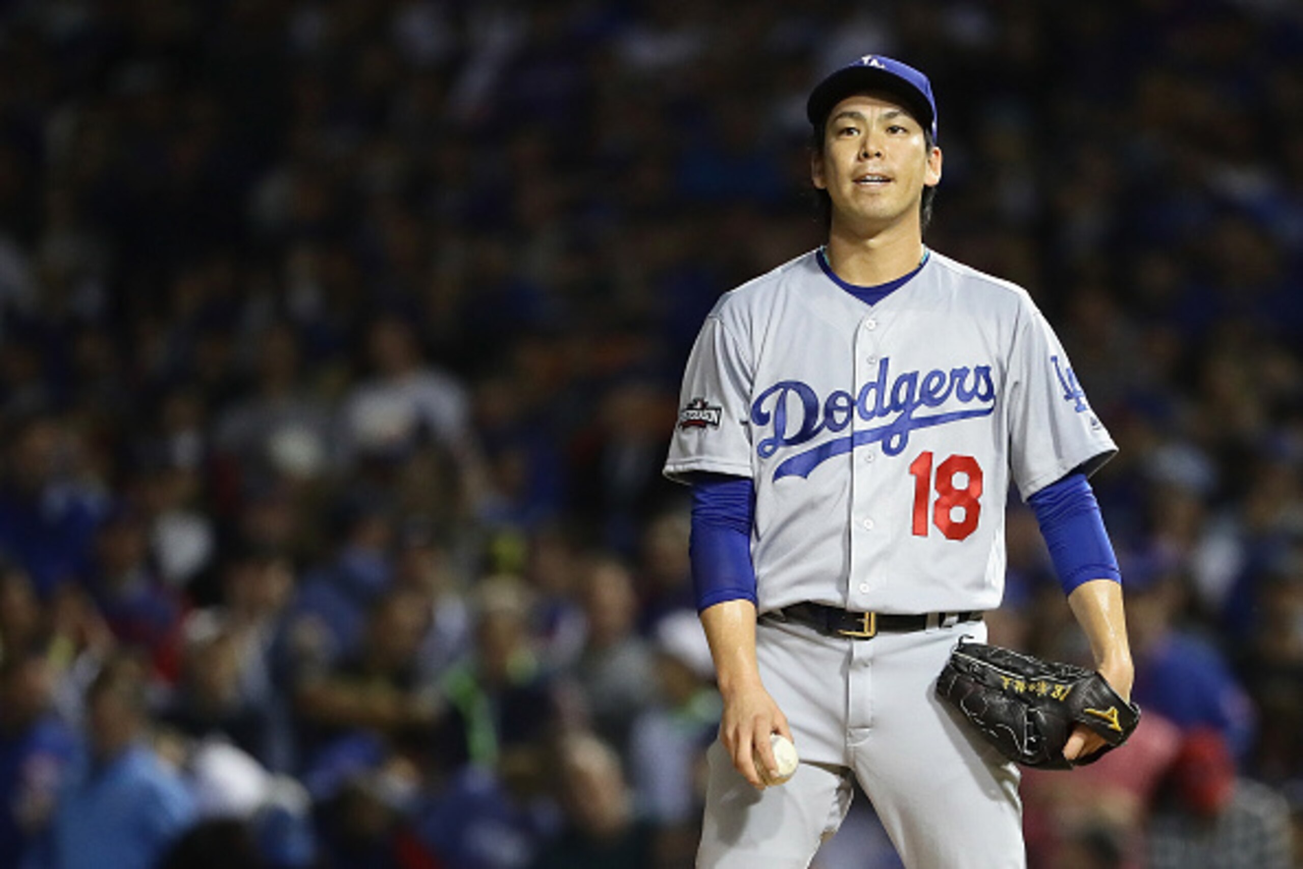 CHICAGO, IL - OCTOBER 15:  Kenta Maeda #18 of the Los Angeles Dodgers reacts against the Chicago Cubs during game one of the National League Championship Series at Wrigley Field on October 15, 2016 in Chicago, Illinois.  (Photo by Jonathan Daniel/Getty Im