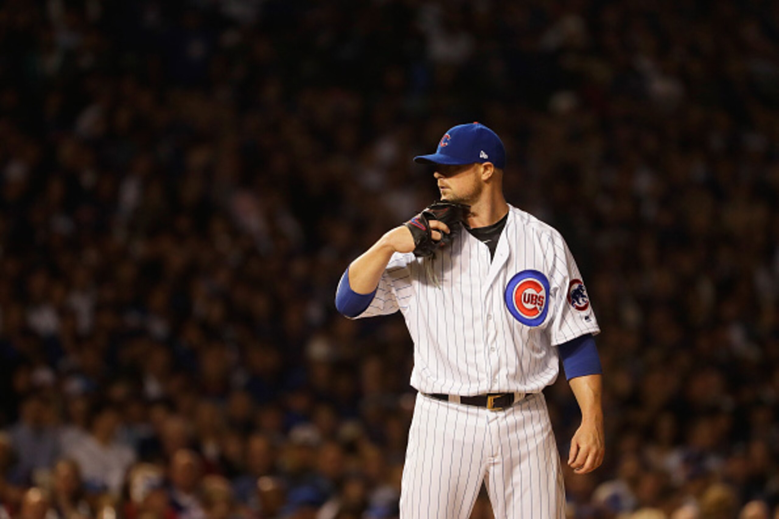 CHICAGO, IL - OCTOBER 15:  Jon Lester #34 of the Chicago Cubs stands on the pitcher's mound against the Los Angeles Dodgers during game one of the National League Championship Series at Wrigley Field on October 15, 2016 in Chicago, Illinois.  (Photo by Ja