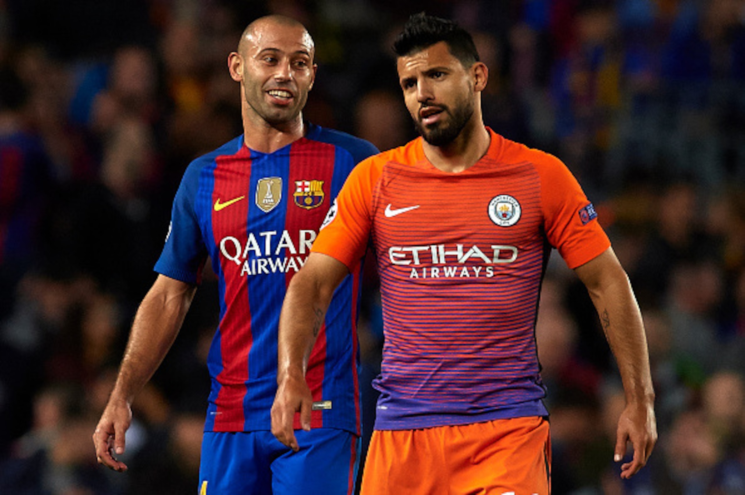 BARCELONA, SPAIN - OCTOBER 19: Javier Mascherano of Barcelona speaks with Kun Aguero (R) of Manchester City during the UEFA Champions League Group C match between FC Barcelona and Manchester City FC at Camp Nou on October 19, 2016 in Barcelona. (Photo by BARCELONA, SPAIN - OCTOBER 19: Javier Mascherano of Barcelona speaks with Kun Aguero (R) of Manchester City during the UEFA Champions League Group C match between FC Barcelona and Manchester City FC at Camp Nou on October 19, 2016 in Barcelona. (Photo by