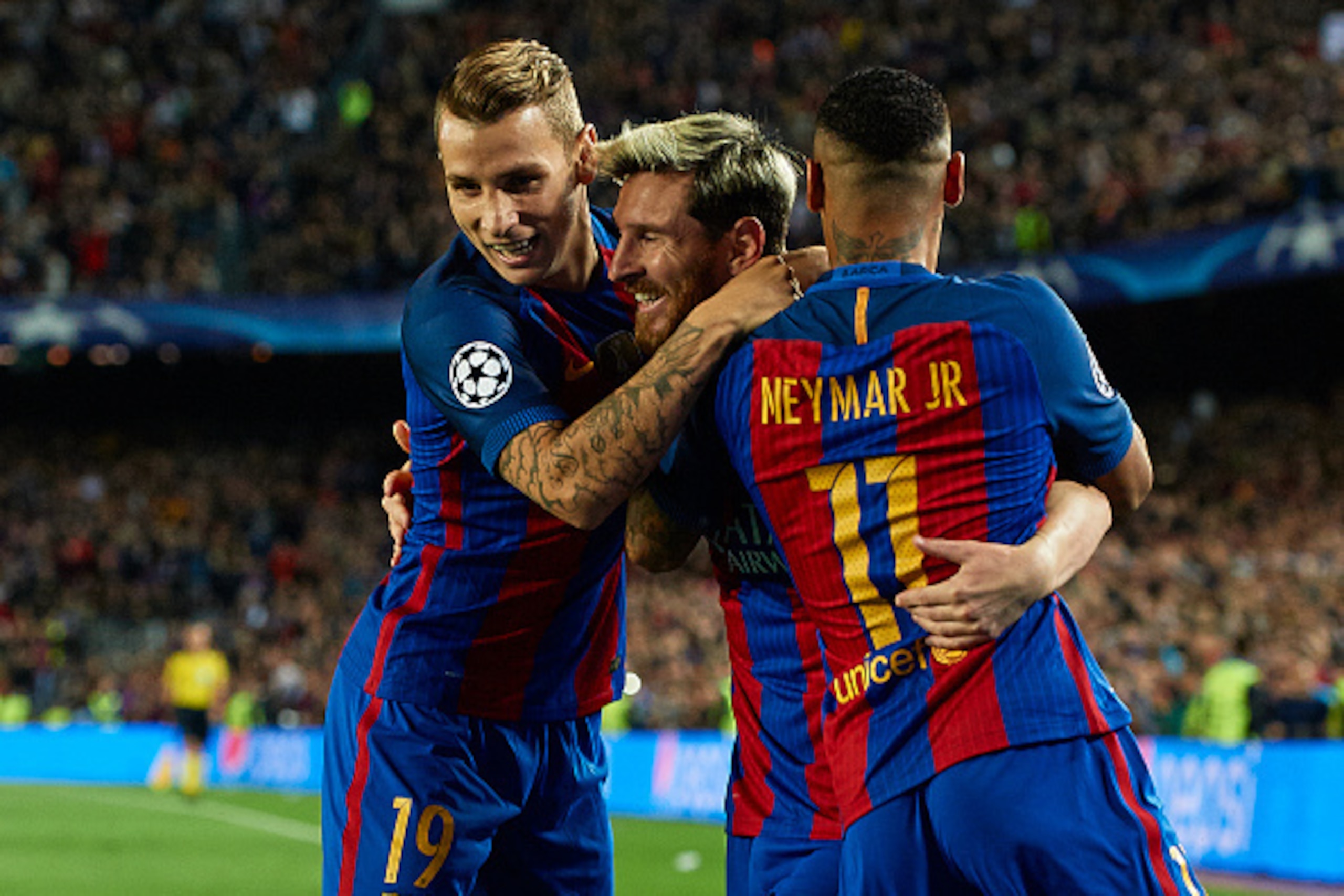 BARCELONA, SPAIN - OCTOBER 19: Lionel Messi of Barcelona celebrates scoring his team's first goal with his teammates Neymar JR and Lucas Digne during the UEFA Champions League Group C match between FC Barcelona and Manchester City FC at Camp Nou on Octob BARCELONA, SPAIN - OCTOBER 19: Lionel Messi of Barcelona celebrates scoring his team's first goal with his teammates Neymar JR and Lucas Digne during the UEFA Champions League Group C match between FC Barcelona and Manchester City FC at Camp Nou on Octob