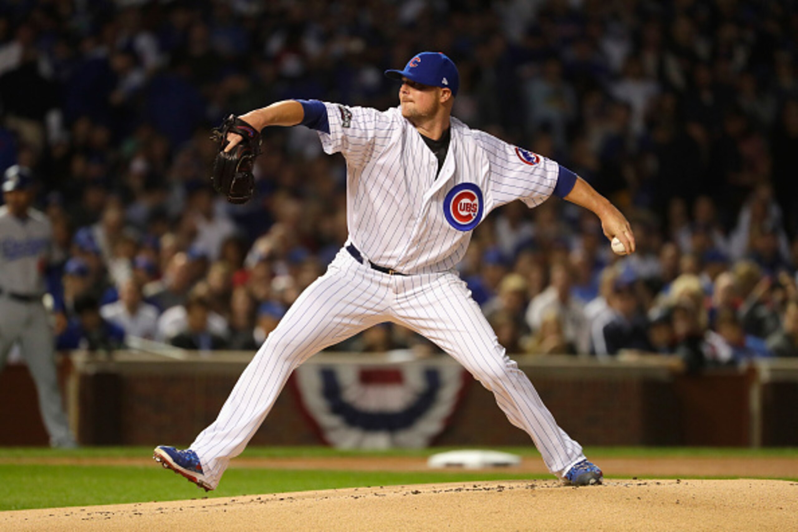 CHICAGO, IL - OCTOBER 15:  Jon Lester #34 of the Chicago Cubs throws a pitch in the first inning against the Los Angeles Dodgers during game one of the National League Championship Series at Wrigley Field on October 15, 2016 in Chicago, Illinois.  (Photo 