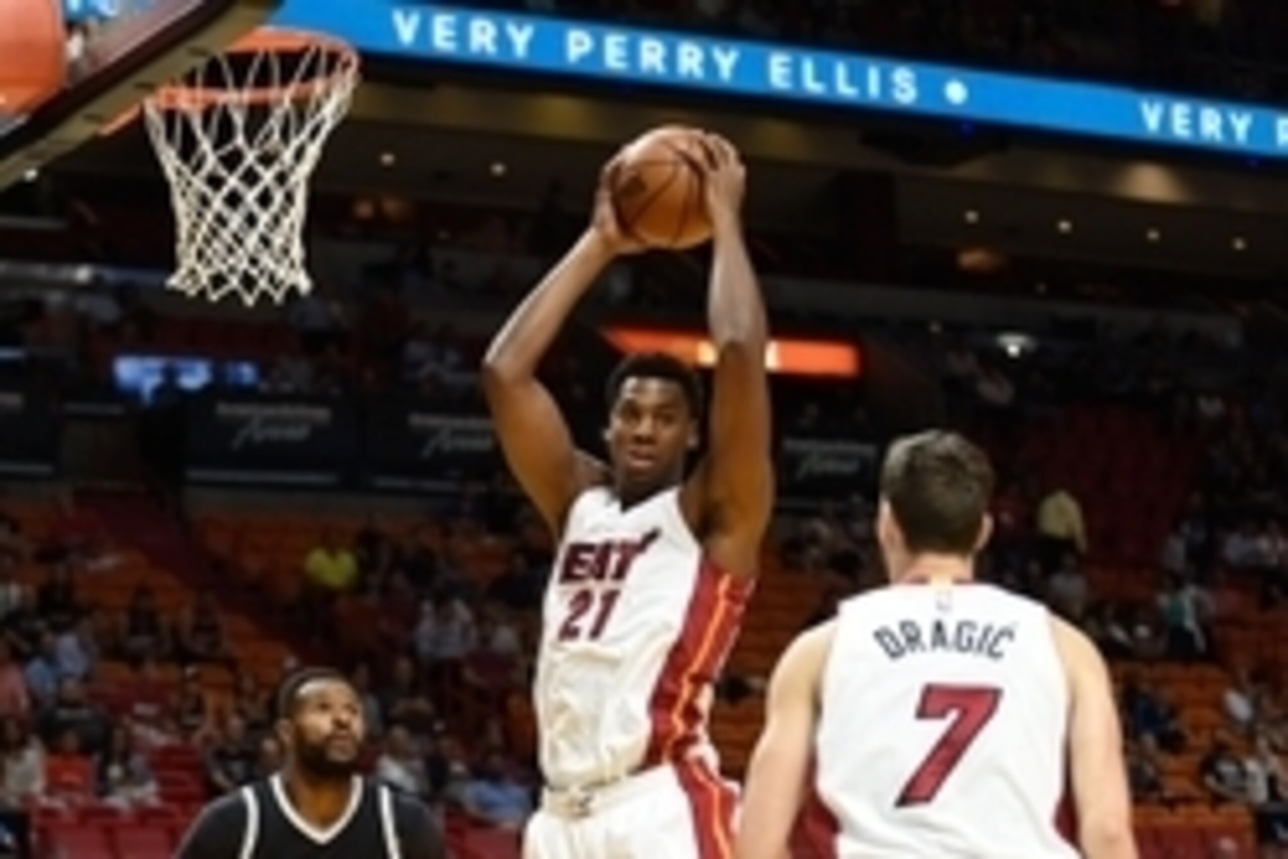 Oct 11, 2016; Miami, FL, USA; Miami Heat center Hassan Whiteside (21) reaches for a rebound during the first half against the Brooklyn Nets at American Airlines Arena. Mandatory Credit: Steve Mitchell-USA TODAY Sports Oct 11, 2016; Miami, FL, USA; Miami Heat center Hassan Whiteside (21) reaches for a rebound during the first half against the Brooklyn Nets at American Airlines Arena. Mandatory Credit: Steve Mitchell-USA TODAY Sports
