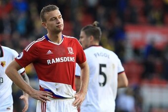 Middlesbrough's English defender Ben Gibson reacts to their defeat at the final whistle in the English Premier League football match between Middlesbrough and Watford at Riverside Stadium in Middlesbrough, north east England on October 16, 2016.
Watford w